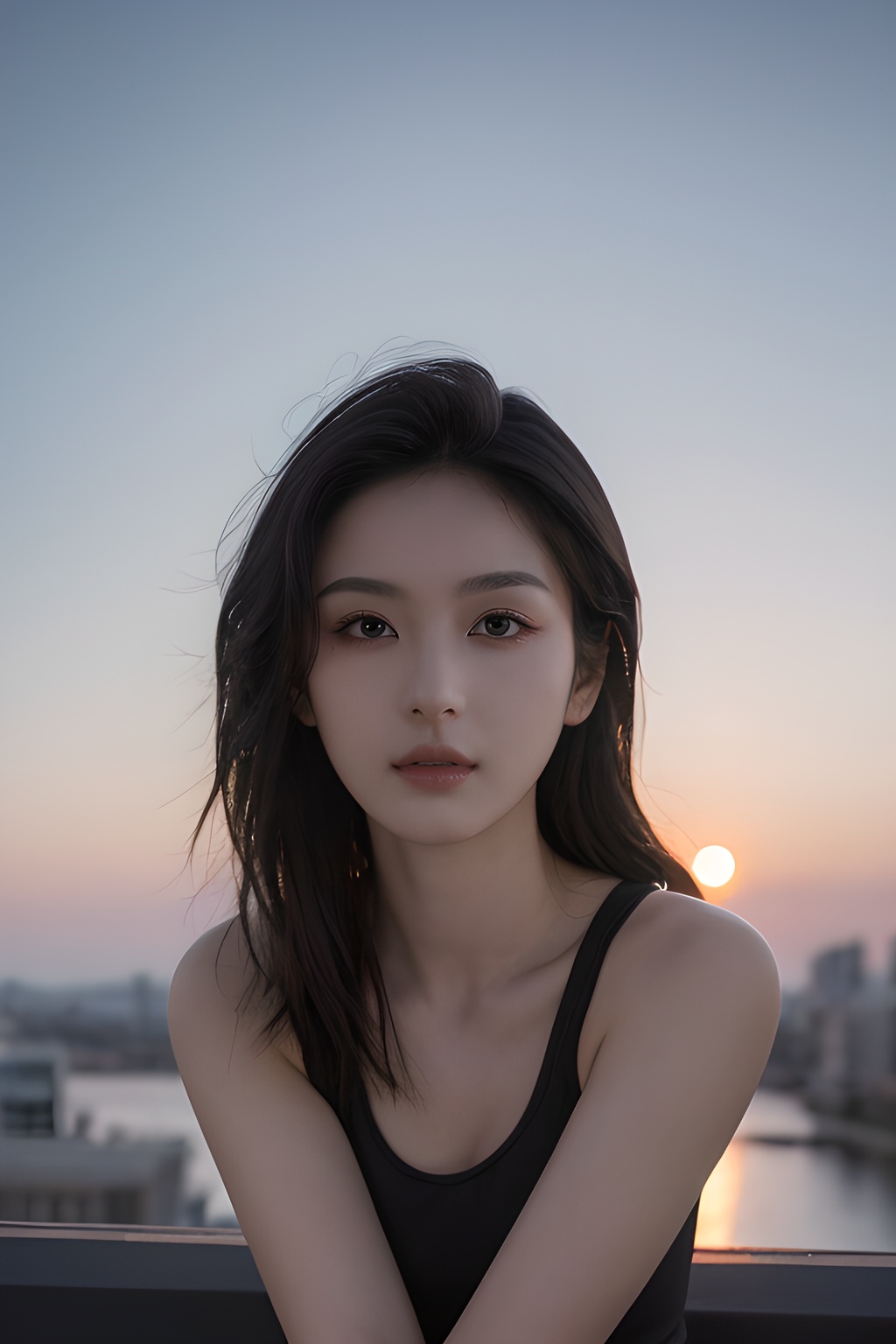 <lora:0814_04:0.7>,Frontal photography,Look front,evening,dark clouds,the setting sun,On the city rooftop,A 20 year old female,Black top,Black Leggings,black hair,long hair, dark theme, muted tones, pastel colors, high contrast, (natural skin texture, A dim light, high clarity) ((sky background))((Facial highlights)),, 1girl,realistic,masterpiece, best quality, photorealistic, HDR,detail