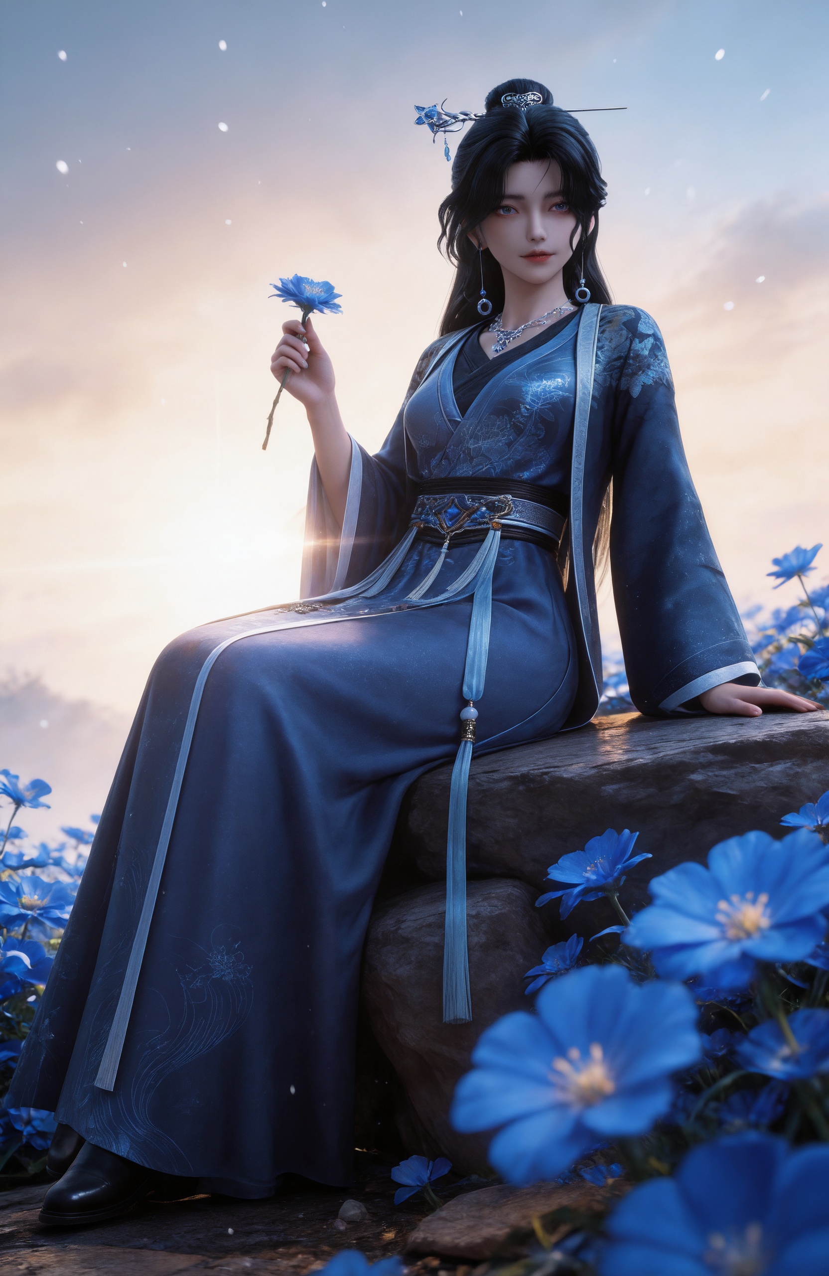 <lora:剑来-长春宫太上长老IL:0.8> 1girl, black hair, long hair, hair ornament, hair bun, earrings, chinese clothes, blue dress, long sleeves, hanfu, sash,black footwear,, realistic style photo,outstanding style,Use soft lighting to cast gentle shadows on the subject,adding a touch of dimension to your images without compromising details,whirls of vapor,(Anime:1.1),soft neon light,ethereal ambiance,delicate details,magical atmosphere,concept art,highly detailed,ultra-high resolution,32K UHD,sharp focus,best-quality,masterpiece,golden hour,unconventional supreme masterpiece,masterful details,temperate atmosphere,with a high-end texture,in the style of fashion photography,magazine style,Dynamic Angle,Dynamic posture,magazine style,Dynamic Angle,Dynamic posture,(cowboy_shot:1.2),eye trail,depth of field,cinematic lighting,lens flare,close-up,extreme aesthetic,(wlop:0.6),(honjou raita,lack,rella,wanke:0.5),masterpiece,best quality,good quality,newest,year 2025,very aesthetic,absurdres,Visual impact,A shot with tension,ultra-high resolution,32K UHD,sharp focus,best-quality,masterpiece,Emotionalization,unconventional supreme masterpiece,masterful details,temperate atmosphere,with a high-end texture,in the style of fashion photography,(Visual impact:1.2),giving the poster a dynamic and visually striking appearance,, ,snowing, rock,,blurry,sitting,full body,arm support,blue flower,snowflakes