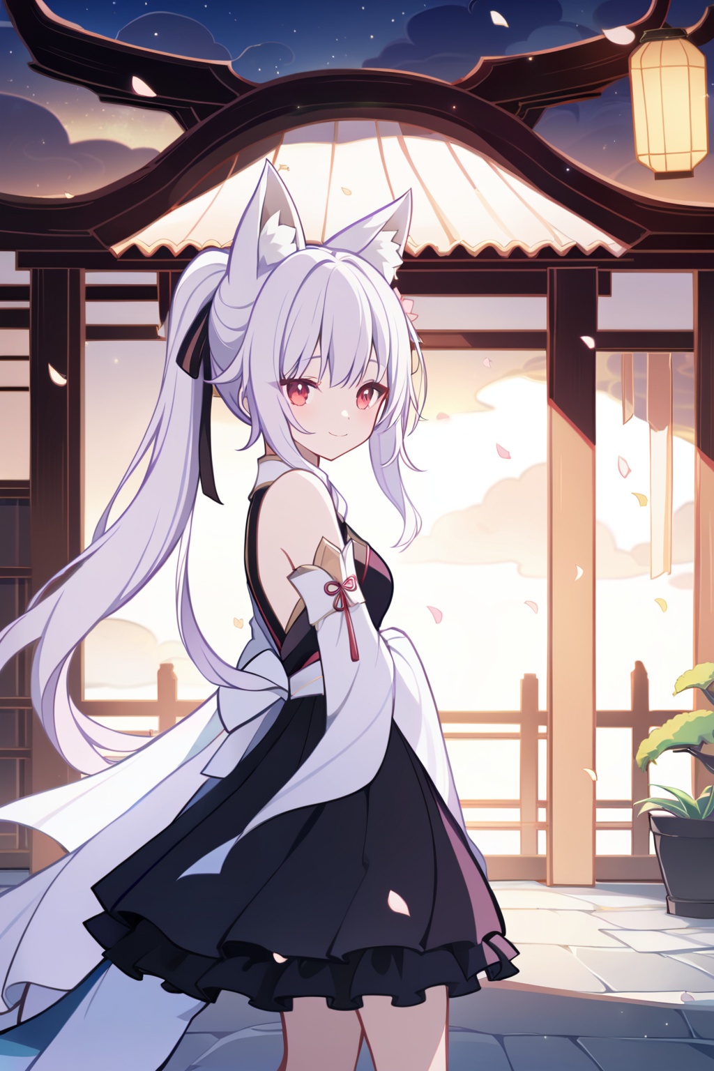 (((masterpiece))),(illustration:1.3),(((best quality))),amazing,detailed unity 8K CG wallpaper,ultra detailed,((1 14_years_old girl:1.1)),((fox girl)),(fox_ears),cowboy shot,long delicate_and_intricate white hair and white marble glowing skin,long hair,solo,beautiful pony_tail,beautiful glowing red eyes,delicate_and_intricate face,flowers on face,growth,nature,beautiful face,zoom in on eyes,standing,smile,(shy),(gorgeous [Gothic_Lolita:kimono:0.6] chiya),super detailed clothes,(extremely detailed background),torii,garden,stone brick road,fallen sakura_petals,pink_sakura_trees,spring,detailed sky and cloud,best lighting,sunburst,outline_shadow,incredibly_absurdres,<lora:liyueFP8-000002:0.8>,