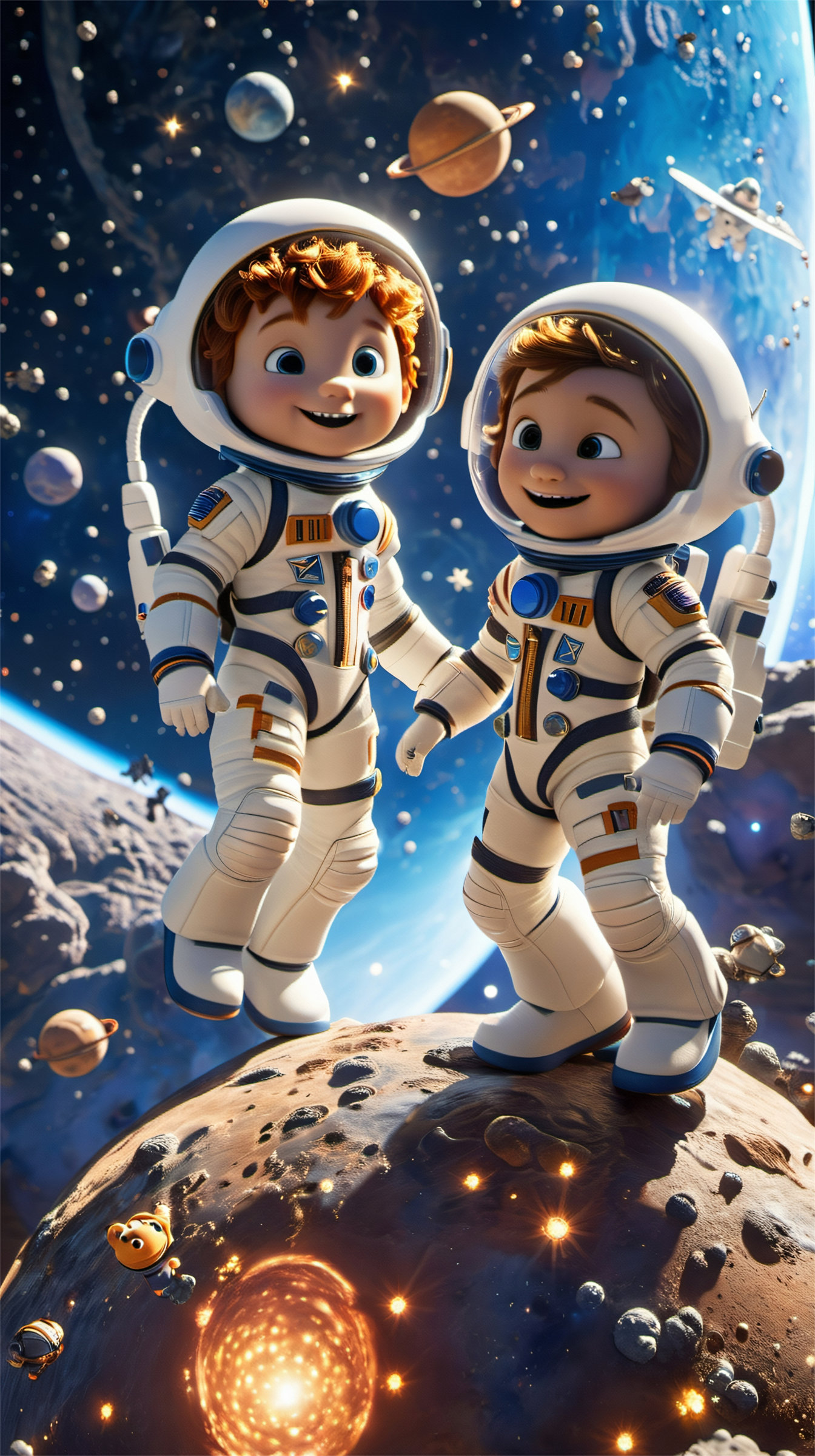 Dream style,spacesuit,star \(symbol\),multiple boys,Two animated astronauts are playing with stars and celestial bodies on a planet,set against a backdrop of a vast starry space.,highly detailed,ultra-high resolutions,32K UHD,best quality,masterpiece,<lora:Dream style:0.9>,