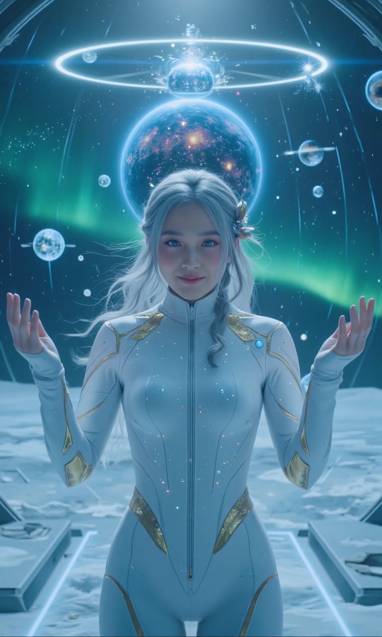 A science fiction film. The visual texture is incredibly,incredibly,incredibly realistic. On a distant icy planet,a massive crystal dome stands at the end of an expansive ice plain. Through the dome,one can see the flowing auroras outside,which resemble rainbow dragons from mythology,wandering freely in the night sky.,The female protagonist stands at the center of the dome. She wears a tight-fitting combat suit in white-gold,studded with tiny holographic patterns that flicker slightly with her breath. Her silver hair cascades down **** moonlight but is firmly held in place at the back of her head by a uniquely styled celestial hair clip. The clip emits a faint blue glow,perfectly complementing her ice-blue eyes.,Her appearance is breathtaking,with a high nose bridge,delicate lip lines,and a pair of eyes that seem to see through hearts. She has a calm yet resolute expression on her face,revealing a hint of unknown softness. Her gaze seems to hold stories of a thousand years,making one unable to resist exploring her inner world.,She gently raises her hands,and a small,luminous planet hovers before her. It is a miniature model of the universe,containing countless galaxies and stars. Her fingertips lightly sweep over it,causing the galaxies to flow and form beautiful trajectories,leaving brilliant traces in the air.,Suddenly,six floating halos appear behind her,each carrying different energy fluctuations. They slowly revolve around her body,enveloping her in a mysterious halo of light. She smiles slightly,a smile that conveys an immense sense of warmth and power.,