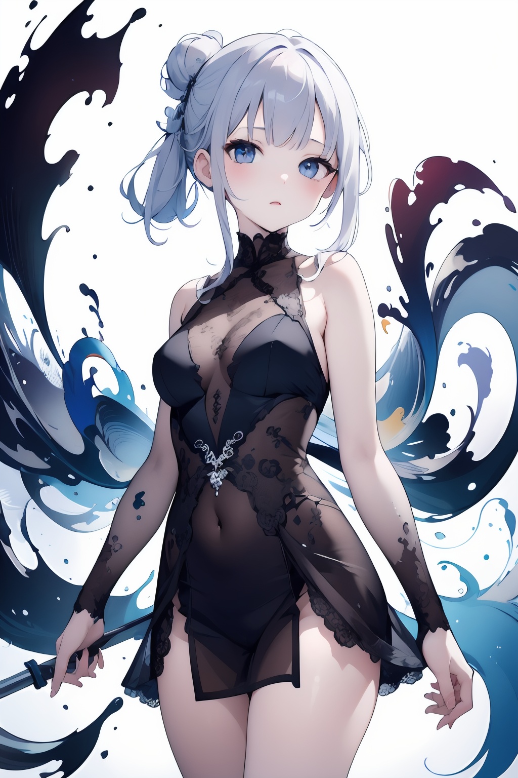 (masterpiece:1.2),extremely high quality,1girl,solo,medium breasts,uchikake,looking at viewer,bare shoulders,standing,cowboy shot,hair bun,white background,simple background,<lora:lbc_shaxian_dress:0.8>,