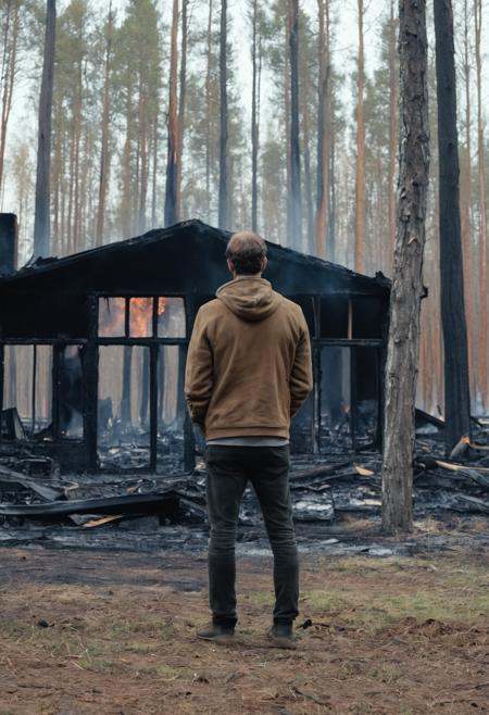 A sad man standing in front of a burnt down home in a forest, stunning details, 8k