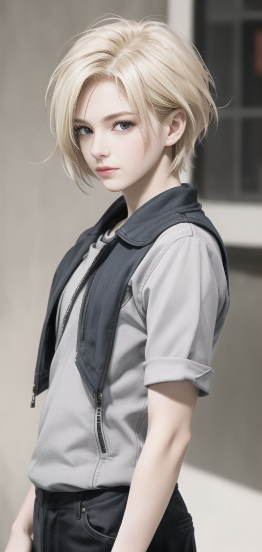 1 boy,solo,blonde hair,short hair,looking at viewer,android 18,