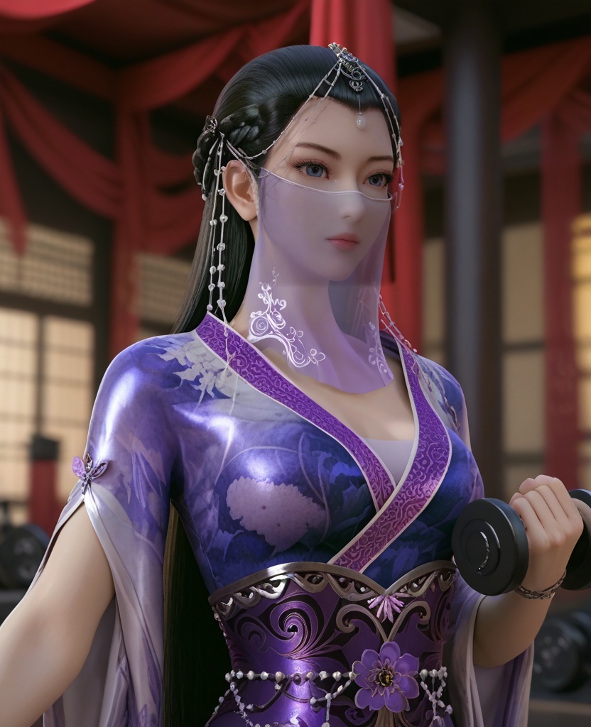 (oriental architecture, elegant decor, sophisticated style:1.1),(having a workout at the gym,dumbbell:1.1),(breasts:1.2),<lora:XL16墓王之王沐雪离第一版:0.95>,miss muxueli,blue violet gown with floral print,blue eyes,see-through veil,black hair,half-up crown braid with long cascading hair,head chain,sash,bracelet,, score_9,score_8_up,score_7_up,score_6_up,score_5_up,score_4_up,3d rendering,tag1,tag2, Cinematic Lighting,backlighting,