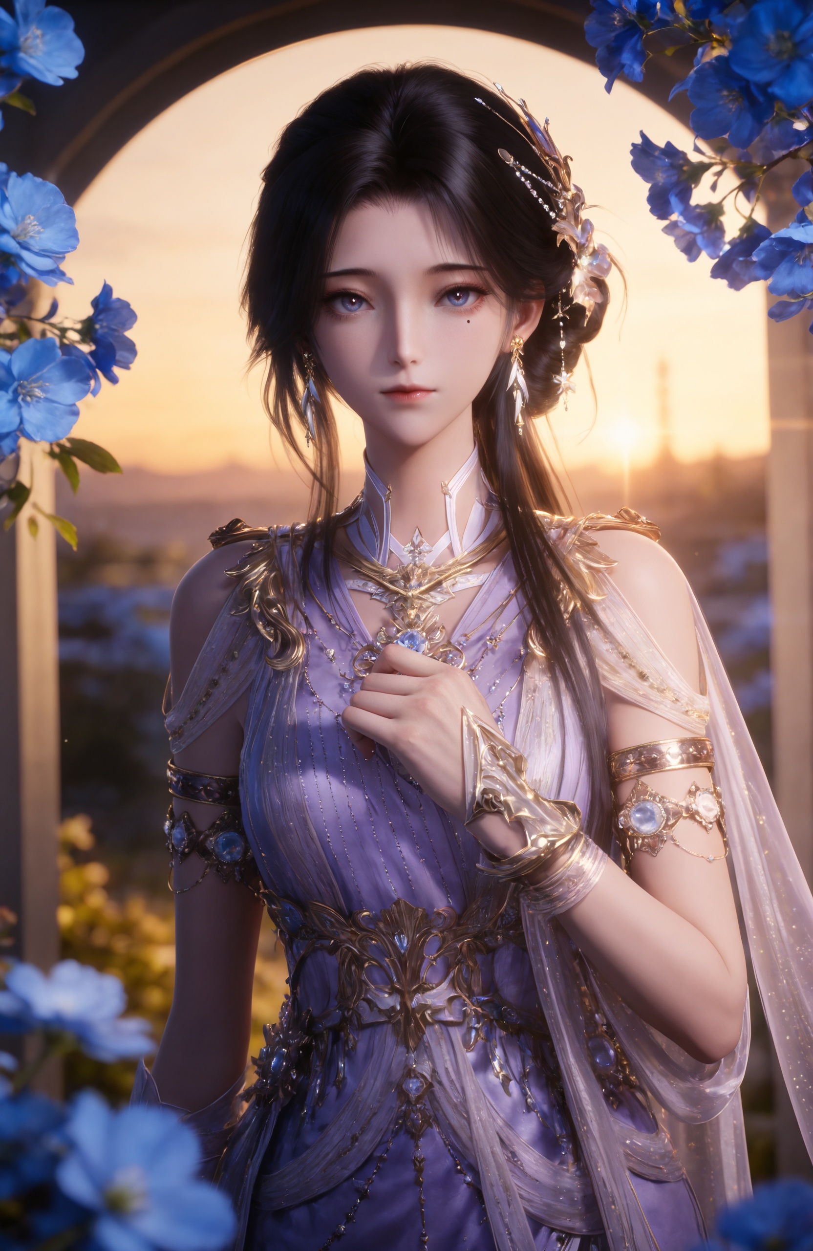 <lora:神印王座-白玲轩IL:0.8> 1girl, black hair, hair ornament, jewelry, earrings, long hair, mole under eye, lavender dress, bracelet, armlet, high heels, realistic style photo,outstanding style,Use soft lighting to cast gentle shadows on the subject,adding a touch of dimension to your images without compromising details,whirls of vapor,(Anime:1.1),soft neon light,ethereal ambiance,delicate details,magical atmosphere,concept art,highly detailed,ultra-high resolution,32K UHD,sharp focus,best-quality,masterpiece,golden hour,unconventional supreme masterpiece,masterful details,temperate atmosphere,with a high-end texture,in the style of fashion photography,magazine style,Dynamic Angle,Dynamic posture,magazine style,Dynamic Angle,Dynamic posture,(cowboy_shot:1.2),eye trail,depth of field,cinematic lighting,lens flare,close-up,extreme aesthetic,(wlop:0.6),(honjou raita,lack,rella,wanke:0.5),masterpiece,best quality,good quality,newest,year 2025,very aesthetic,absurdres,Visual impact,A shot with tension,ultra-high resolution,32K UHD,sharp focus,best-quality,masterpiece,Emotionalization,unconventional supreme masterpiece,masterful details,temperate atmosphere,with a high-end texture,in the style of fashion photography,(Visual impact:1.2),giving the poster a dynamic and visually striking appearance,, solo,  upper body, blue flower, looking at viewer, snowflakes, closed mouth, branch,