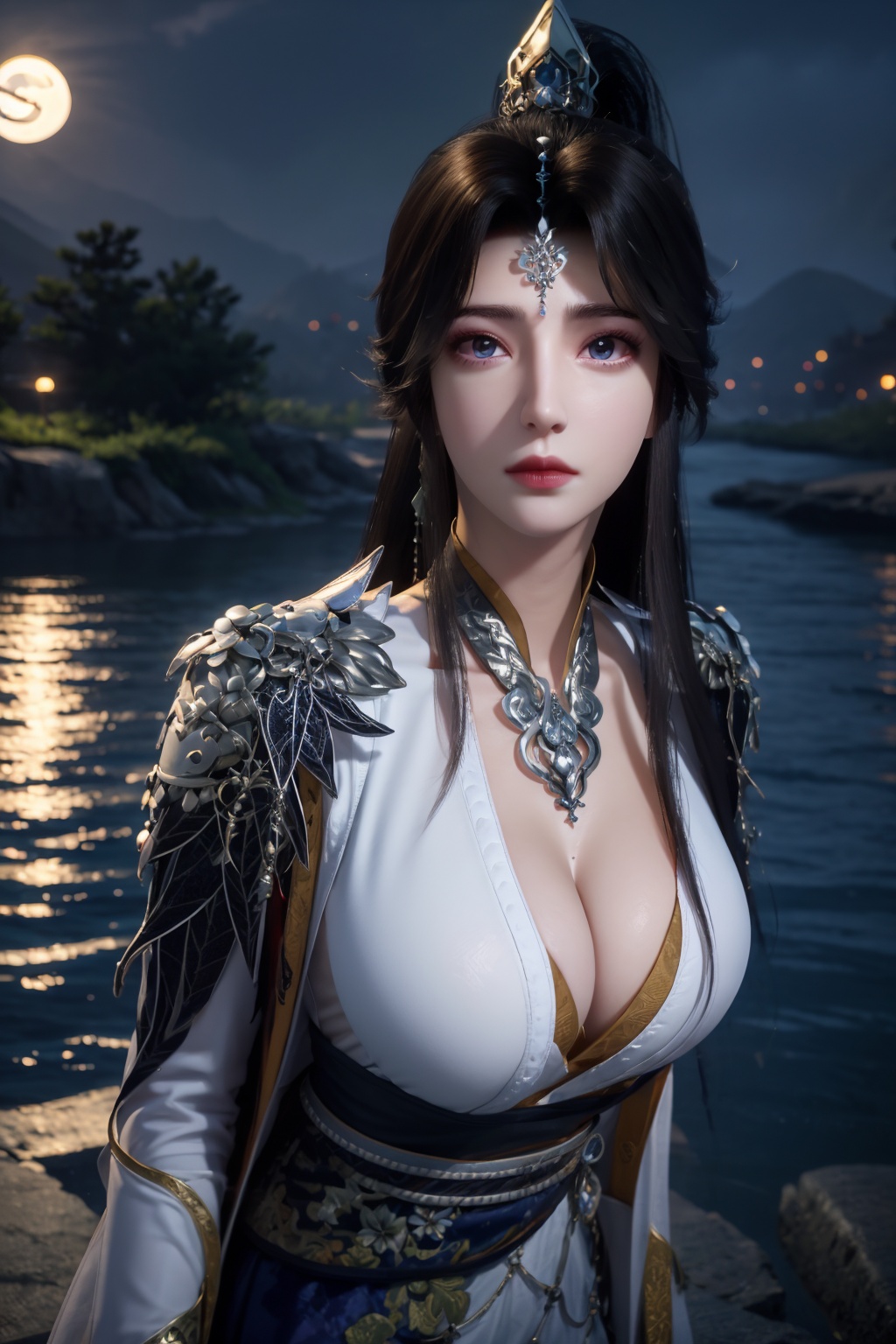 standing,dress,chinese clothes,flower,full_moon,moon,night,lily_pad,lotus,moonlight,nipples,water,night_sky,lily_\(flower\),sky,partially_submerged,1girl,solo,hair ornament,realistic,nail polish,photo_\(medium\),(big breasts, cleavage),makeup,(8k, RAW photo, best quality, masterpiece:1.2),(realistic, photorealistic:1.3),ultra-detailed,extremely detailed cg 8k wallpaper,(crystalstexture skin:1.2),extremely delicate and beautiful,(sexy pose:1.2),chinese dress,
