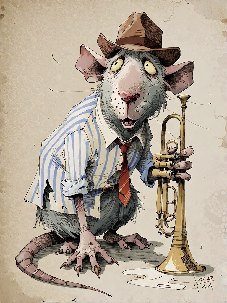 Bradhamel art style. A detailed illustration of a grotesque,  anthropomorphic rat with large yellow eyes,  a long tail on...