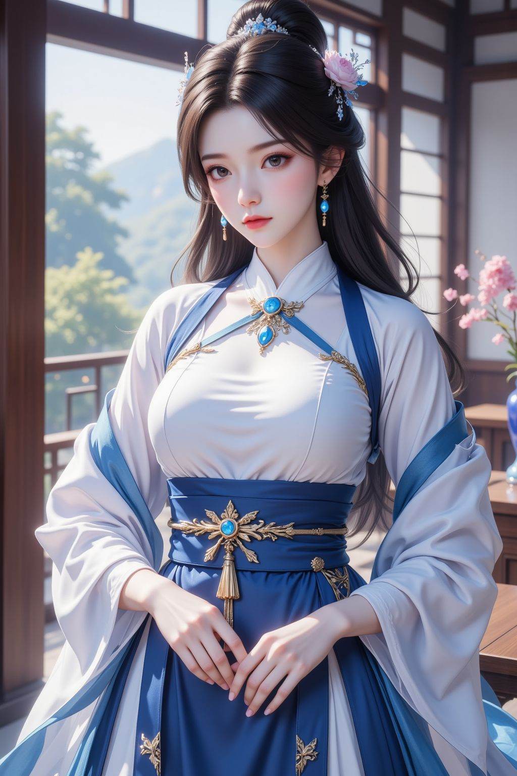 1girl, solo, long hair, looking at viewer, white and blue turtleneck hanfu, skirt, jewelry, closed mouth, standing, earrings, indoors,
