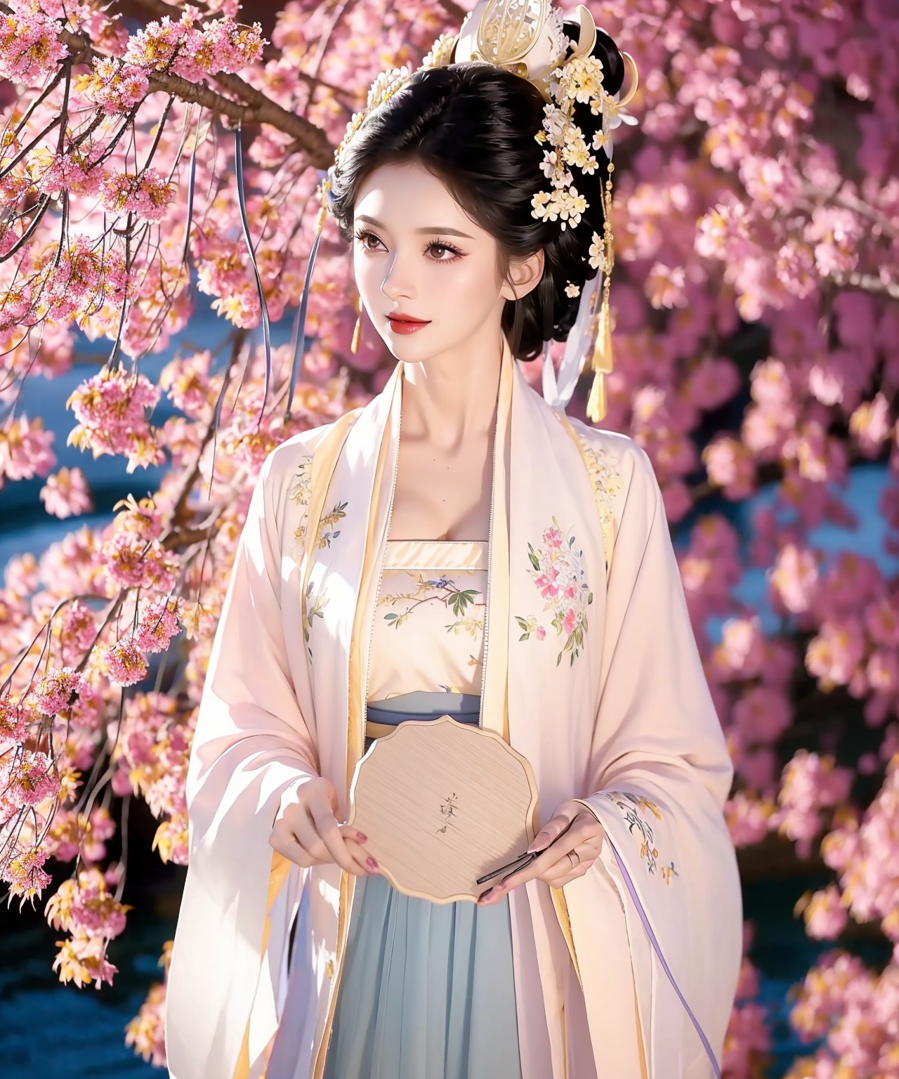 1girl,solo,black hair,hand fan,flower,water,dress,branch,hanfu,standing,hair ornament,long sleeves,looking at viewer,eye shadow,dress,Embroidered suspender,solo,chest,cleavage,water red lips,heavy makeup,<lora:汉服少妇1.1:1>,empty-handed,
