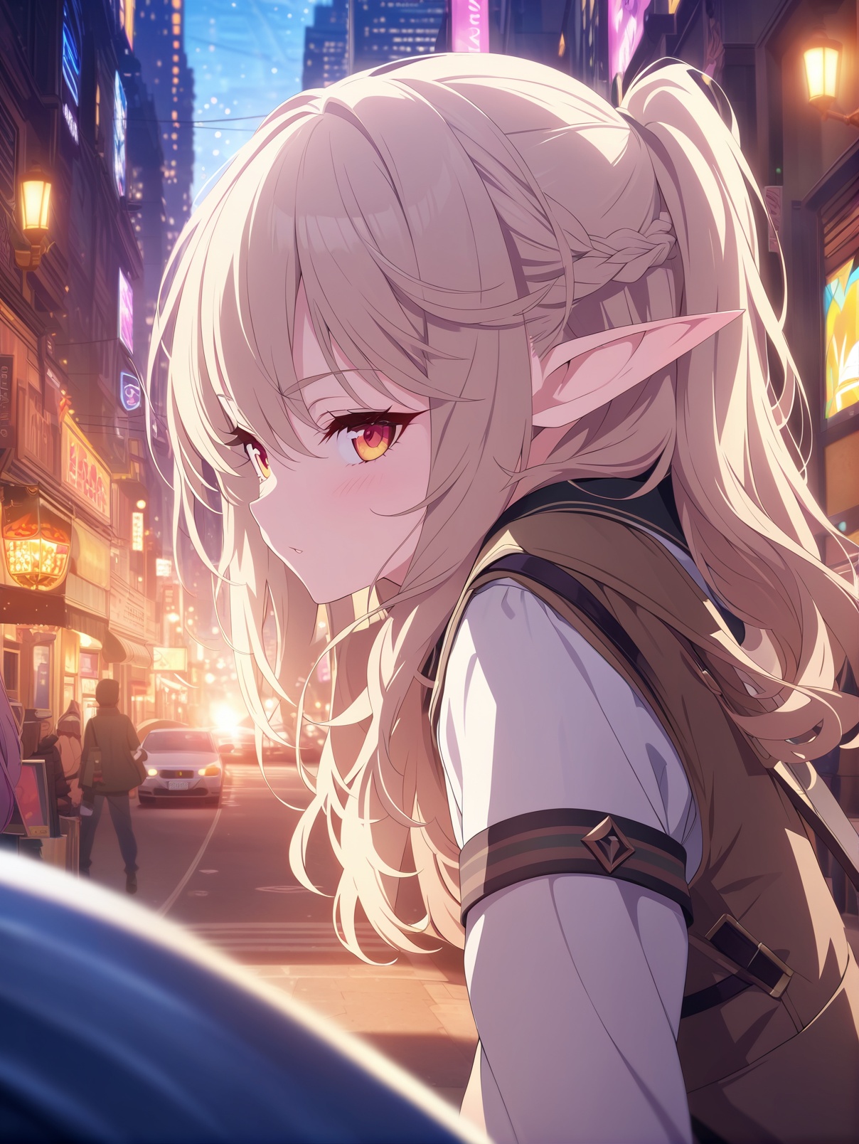 Create a close-up image of a young elf girl in a city setting. She has pointed ears and a modern outfit of a white shirt a...