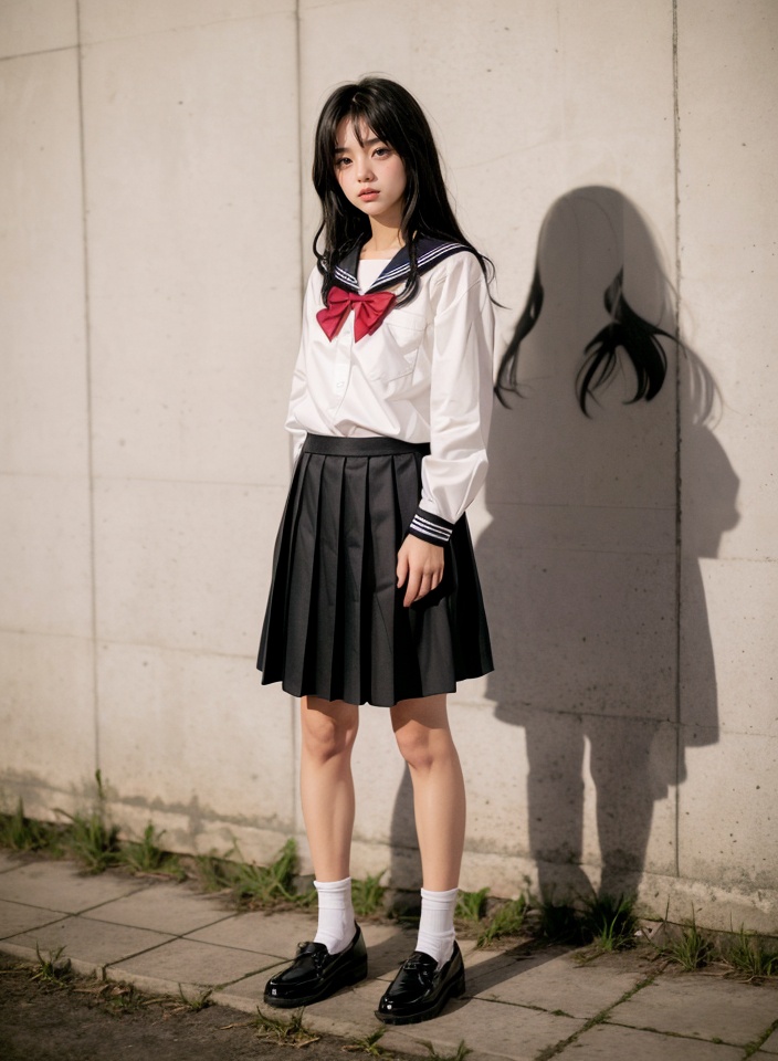 miaotJK,solo,1girl,school uniform,skirt,serafuku,black footwear,socks,shoes,standing,black hair,white socks,long sleeves,pleated skirt,realistic,sailor collar,full body,long hair,black skirt,bow,shirt,shadow,white shirt,loafers,red bow,bowtie,looking at viewer,black sailor collar,closed mouth,legs apart,<lora:miaotJK_20231207180004:0.6>,