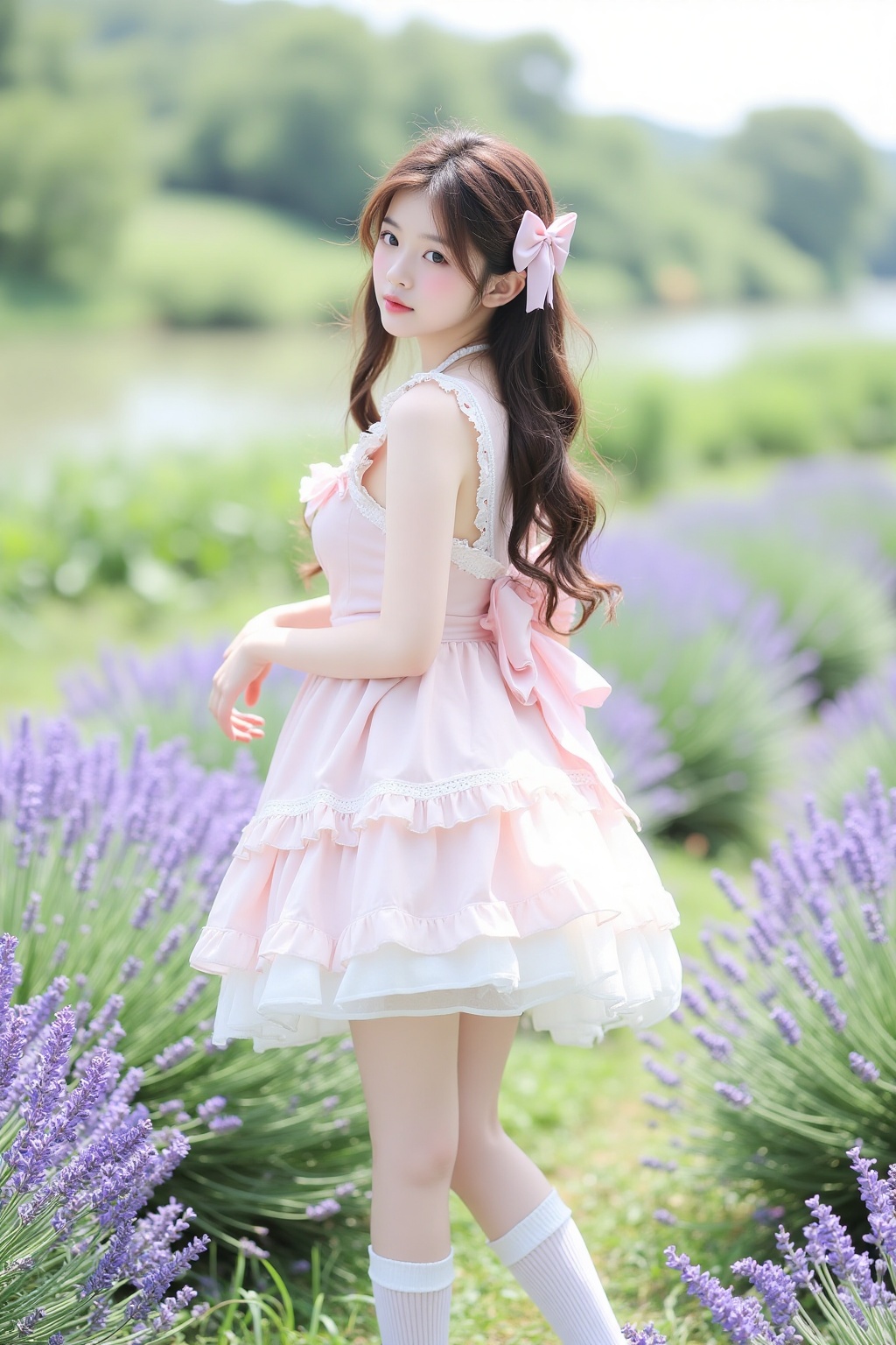 Lolita,This is a high-resolution photo taken outdoors, showing a young Asian woman standing among purple lavender. The lady has long wavy brown hair with a large pink bow at the back. She is wearing a loose, soft dress with *******, featuring a heart-shaped neckline and an A-line skirt. Her dress is adorned with delicate lace details and a light, airy texture, giving her an elegant and ethereal look. She is also wearing white knee-high socks and white platform shoes with small heels.