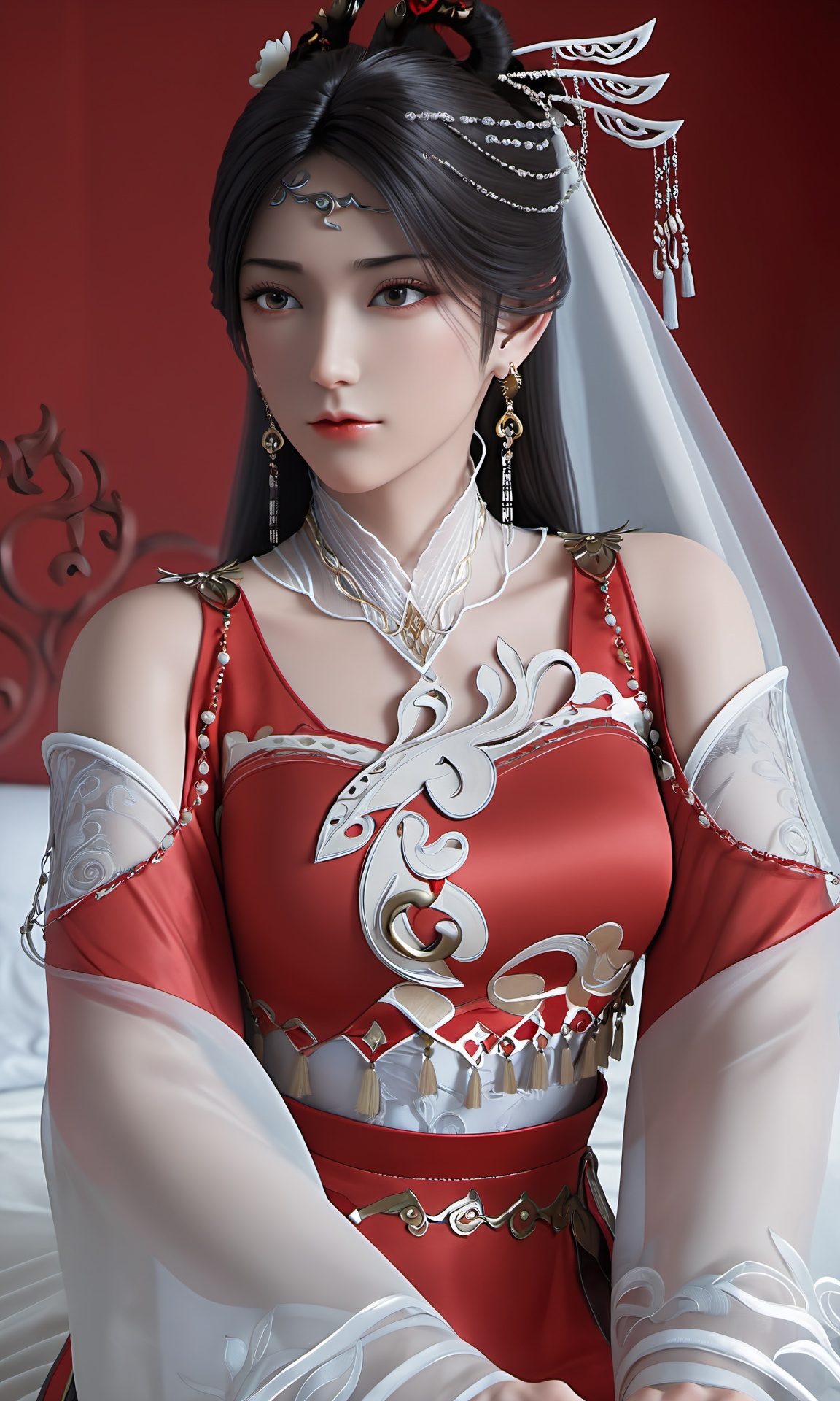 (Gillian:1.1),low angle view,front view of Gillian-type woman with black long straight hair wearing red JPE-type Hanfu,white veil,upper body,in the bedroom,sitting on the bed,highly detailed,ultra-high resolutions,32K UHD,best quality,masterpiece,<lora:Gillian-000017:0.9>,