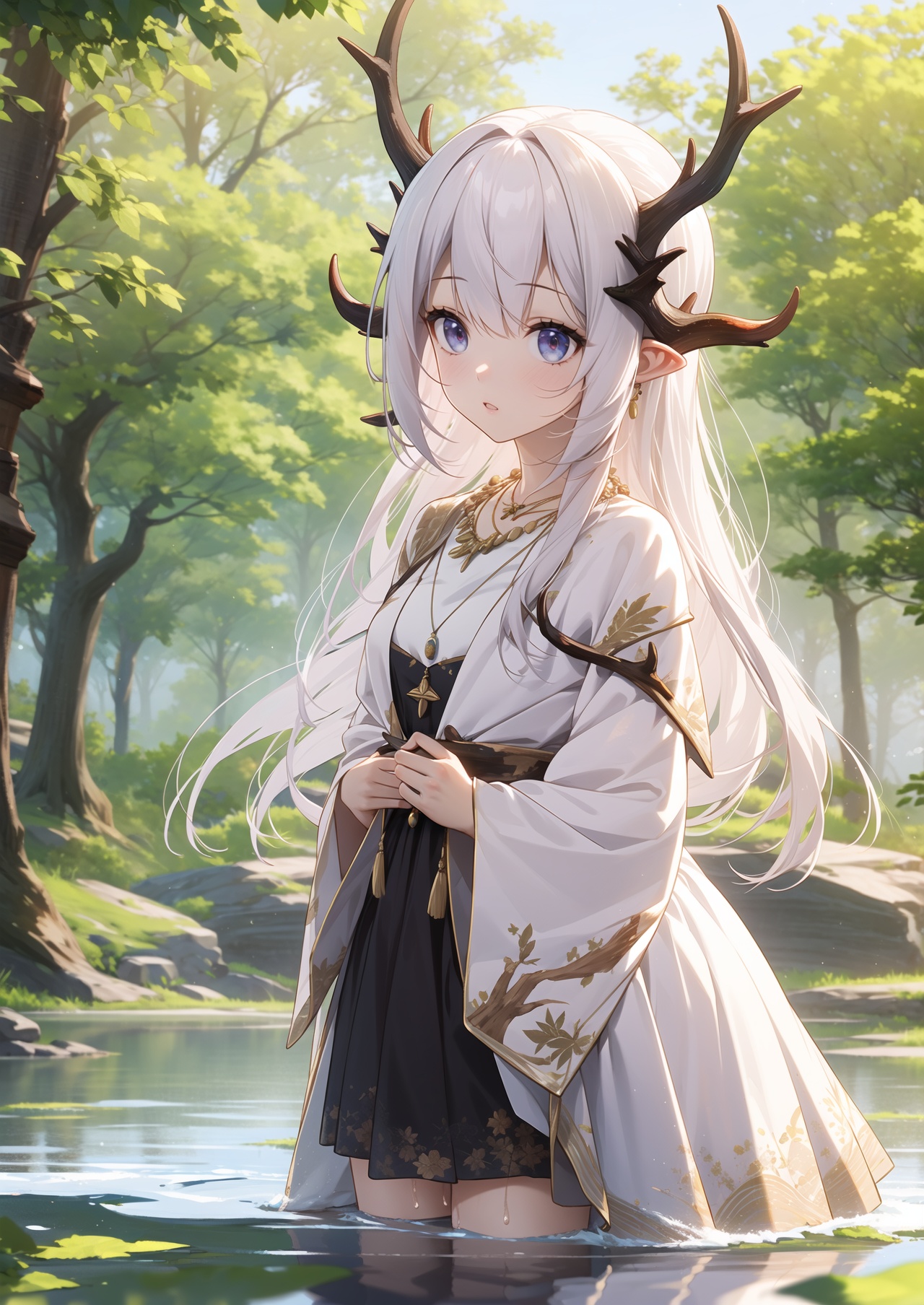 masterpiece,best quality,1girl,jewelry,dress,tree,nature,white hair,solo,outdoors,long hair,horns,water,antlers,forest,necklace,blurry,