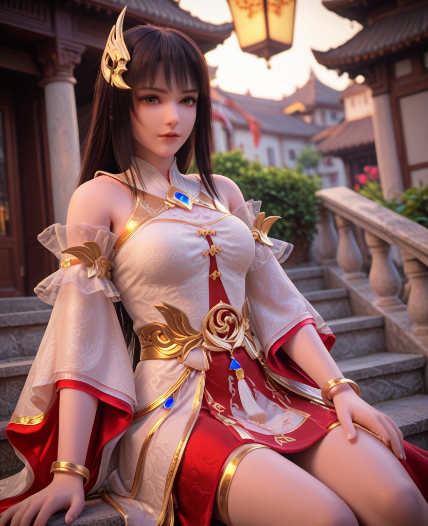 (oriental architecture, elegant decor, sophisticated style:1.1),Sitting on a staircase, head tilted, looking playful and mischievous,,(breasts:1.2),<lora:XL完美世界灵凤:0.95>,miss lingfeng,solo,white dress,sash,red underskirt,detached sleeves,green eyes,mole under left eye,black hair,bangs,long hair,hair ornament,bare shoulders,wide sleeves,gem,jewelry,bracelet,, zPDXL2, score_9, score_8_up, score_7_up BREAK realistic, masterpiece,best quality, highly detailed,, zPDXL3, zPDXL2,zPDXL, zPDXLxxx, zPDXLrl,