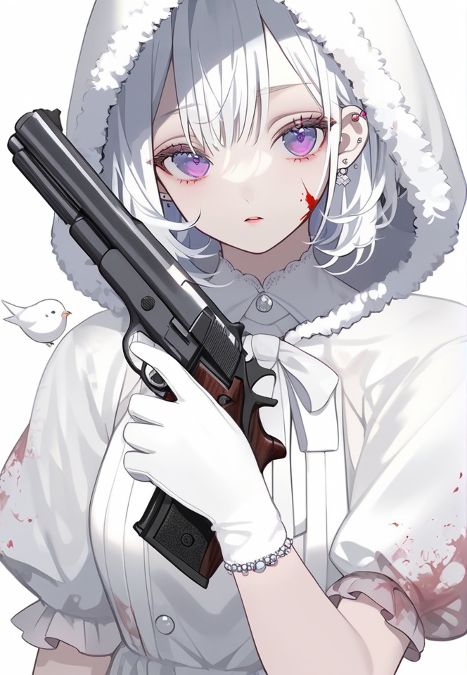 (best quality), ((masterpiece)), (highres), illustration, original, extremely detailed, <lora:淡彩の华美病娇:0.7>1girl, weapon, ring, gun, holding, gloves, holding weapon, jewelry, solo, white gloves, holding gun, white theme, hood, blood on face, blood, blood on clothes, white background, looking at viewer, bird, white hair, parted lips, dress, handgun, hood up, upper body, bow, bangs, simple background, puffy sleeves, earrings, purple eyes, white dress, fur-trimmed hood, white bow, animal on shoulder, short hair, ear piercing, grey bow