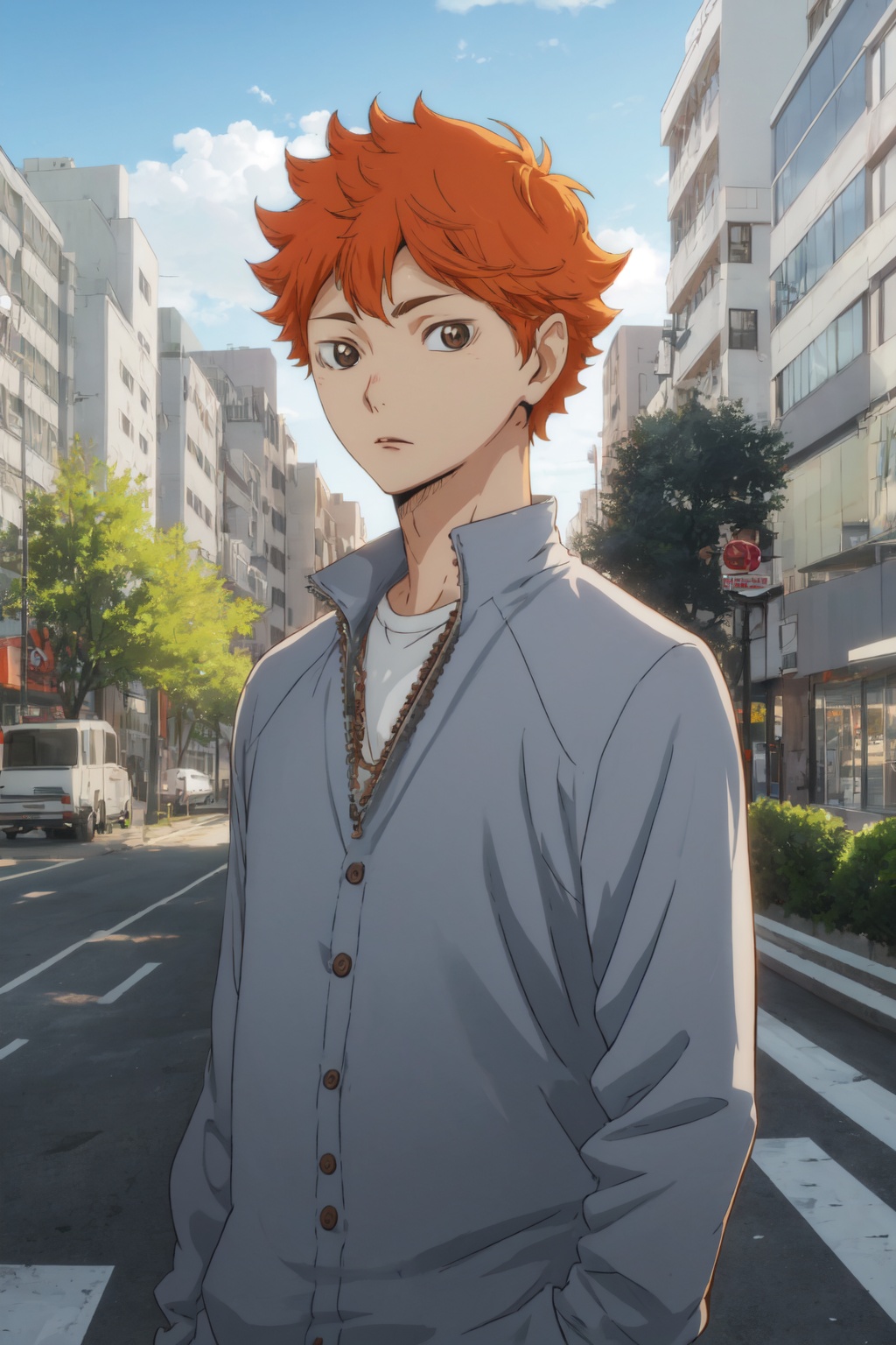 <lora:Hinata-000013:0.8>,Hinata CYQL,1boy,male focus,looking at viewer,solo,orange hair,short hair,brown eyes,charcoal gray suit, light blue dress shirt, navy blue tie, black oxford shoes,female_orgasm,upper_body,Multi-level parking lot, Vehicles, Levels, Traffic flow,beautiful detailed sky,beautiful detailed glow,masterpiece,best quality,wallpaper,