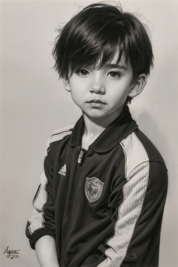 ((HRD, HUD, 8K)),((masterpiece, best quality)), highly detailed, photo_\(medium\),1boy, short hair, track suit, Sketch,monochrome, greyscale, traditional media, signature, graphite (medium), simple background, upper body, looking at viewer,  <lora:20240218-1708224875184:0.9>