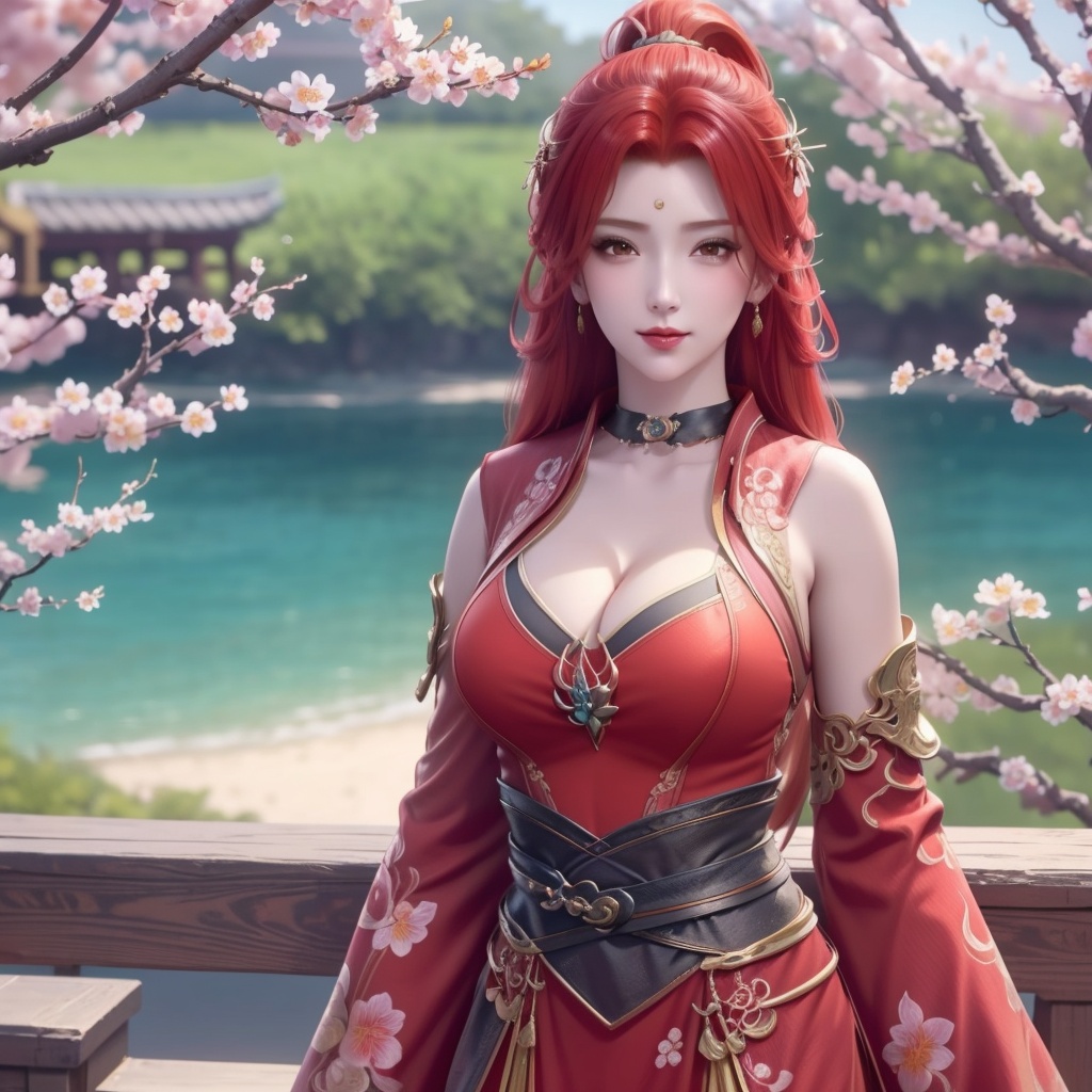 <lora:斗破苍穹-唐火儿:0.8>,red hair,   (,1girl, ,best quality, ),looking at viewer,  ,ultra detailed background,ultra detailed background,ultra realistic 8k cg,, ,masterpiece, (( , )),, ,   plum blossoms,    ,,  (cleavage), (), ,,