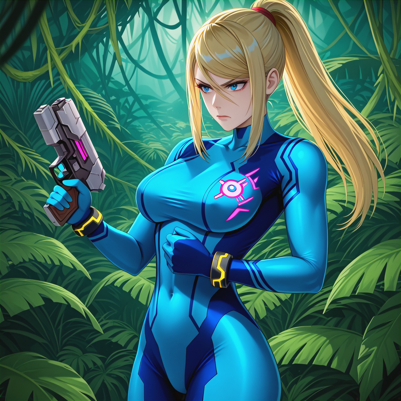 Samus from Metroid,  (facial features visible,  determined expression) on Tensor.Art