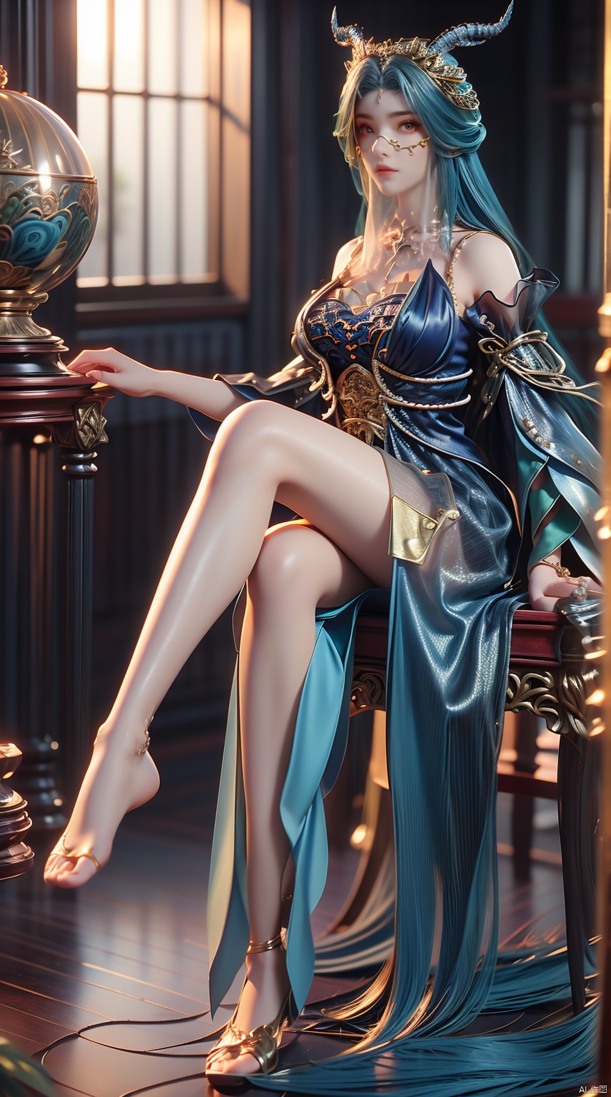 1girl, solo, long hair, looking at viewer, bare shoulders, closed mouth, blue hair, yellow eyes, upper body, horns, blurry, lips, blurry background, veil, realistic, ((poakl)),full-body,Perfectly proportioned,ray tracing,Bare Feet,shiny_skin,oil<lora:EMS-410555-EMS:0.800000>, <lora:EMS-346315-EMS:0.700000>