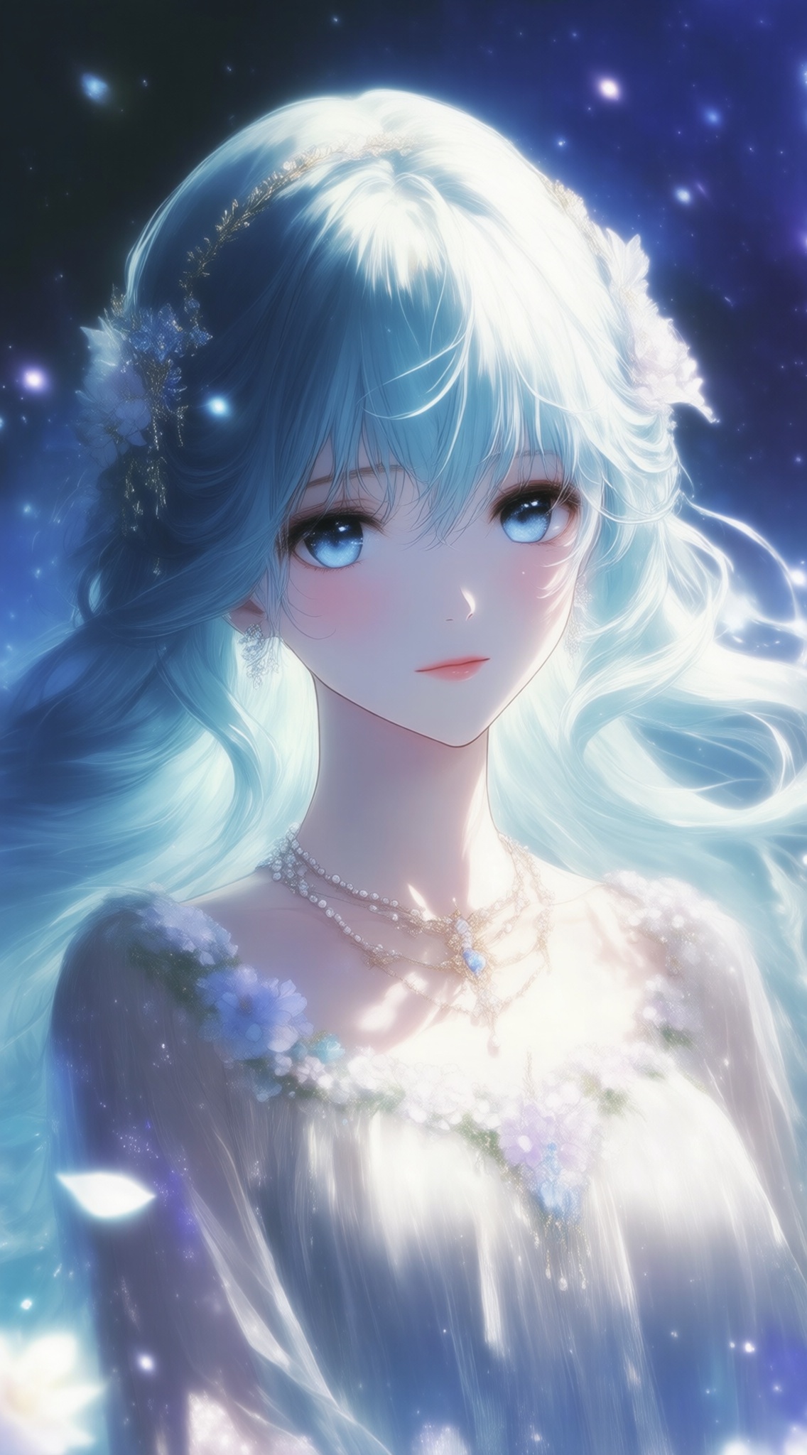 a digital illustration shoot from a close-up camera angle about a beautiful young woman with long,flowing light blue hair adorned with delicate accessories and flowers,the image also shows a serene and ethereal atmosphere with soft,glowing light effects,on the middle of the image,a young woman appears to be in her early twenties,with light skin and blue eyes,looking directly at the viewer with a gentle expression,she has long,wavy blue hair and is wearing a white,flowing dress adorned with flowers and jewelry,including a hair ornament and a pearl necklace,the background is a soft,starry night sky with blue and purple hues,creating a dreamy,ethereal ambiance,, Negative prompt: ng_deepnegative_v1_75t,(badhandv4:1.2),EasyNegative,(worst quality:2),,nsfw, Steps: 30, Sampler: Euler, CFG scale: 4.0, Seed: 2229431174, Size: 1142x2048, Model hash: 98763a1277, Model: Qwen-Image_1.0.safetensors, Denoising strength: 0, RNG: CPU, Lora 1: ZOZ_漫梦琉璃05~QWEN, Lora Hash 1: 5b64907f40, Lora Weight 1: 0.8, vae_name: automatic