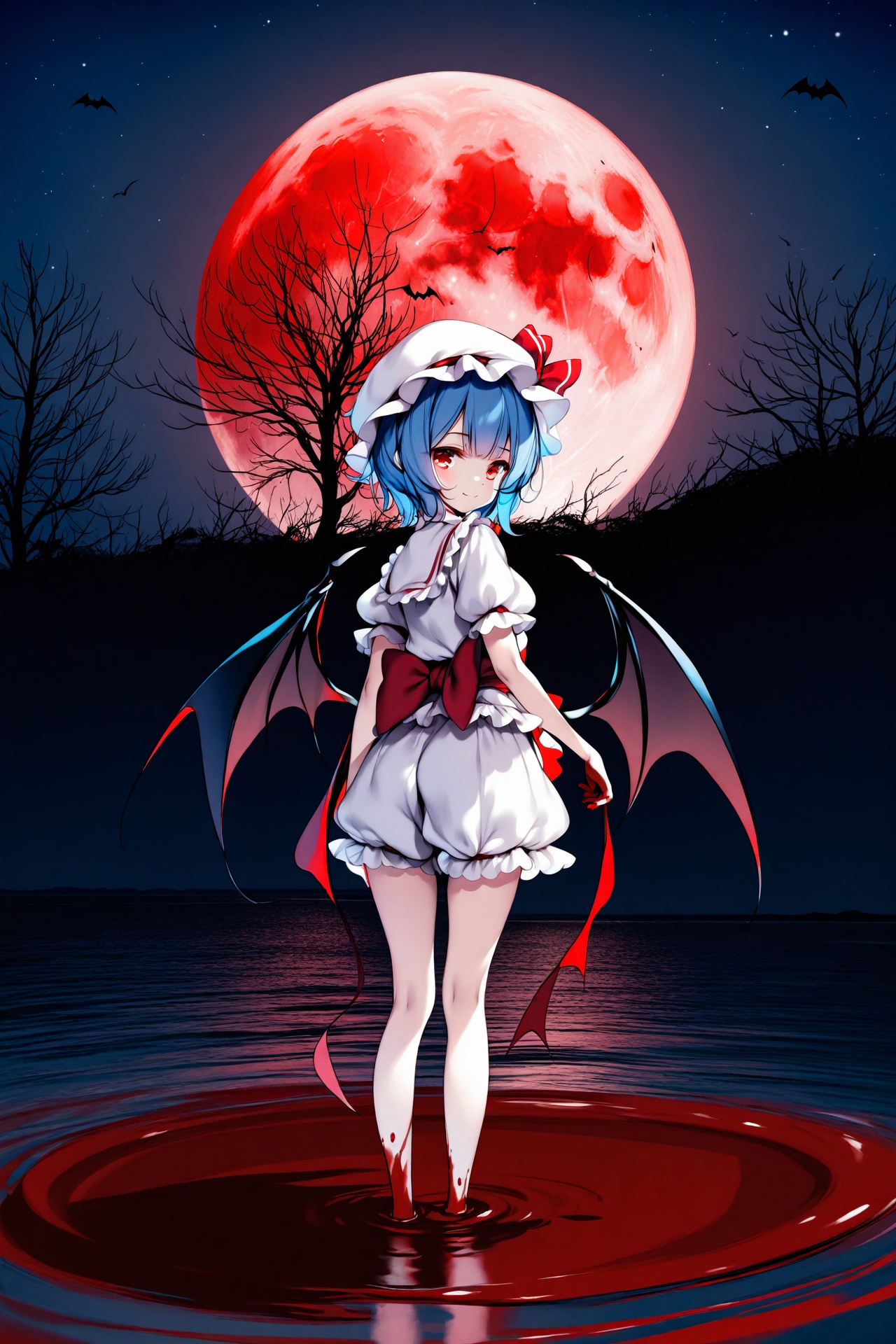 (masterpiece),(best quality),2023 Era,illustration,ultra detailed,hdr,Depth of field,(colorful),loli,1girl,ke-ta,ascot,bare tree,barefoot,bat wings,best quality,blood,blood on hands,bloomers,blue hair,frills,from behind,full body,full moon,hat,hat ribbon,looking at viewer,looking back,mob cap,moon,night,night sky,outdoors,pool of blood,puffy short sleeves,puffy sleeves,red eyes,red moon,red ribbon,remilia scarlet,ribbon,sash,shirt,short hair,short sleeves,skirt,skirt set,sky,smile,solo,standing,standing on liquid,star (sky),starry sky,tree,underwear,water,white bloomers,white skirt,wings,