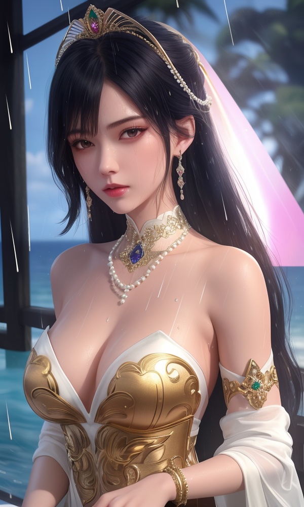 <lora:418-DA-百炼成神-莫雨馨:0.8> ,(,1girl, ,best quality, ),looking at viewer, ,ultra detailed 8k cg, ultra detailed background, ultra realistic 8k cg,  ,masterpiece((((1girl, solo,  , ,solo focus, wet,sweat, ocean,rain, water drop, )))) (, , sweatdrop, flying sweatdrops, sweating profusely,colorful drop \(module\), )   clean, masterpiece,     cinematic lighting, cinematic bloom,   , unreal, science fiction, luxury, jewelry, diamond, gold, pearl, gem, sapphire, ruby, emerald, intricate detail, delicate pattern, charming, alluring, seductive, erotic, enchanting, hair ornament, necklace, earrings, bracelet, armlet,halo, 1girl, , , depth_of_field, solo, , ,