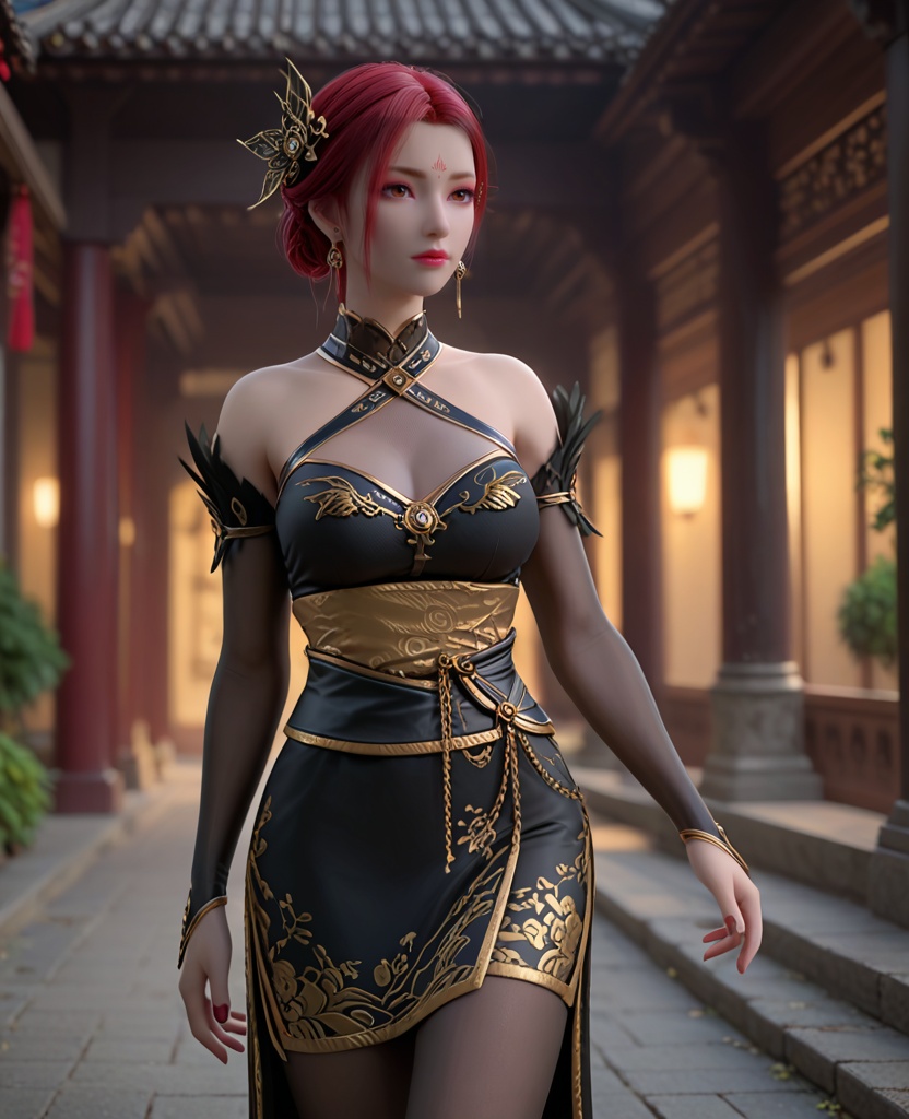 (oriental architecture, elegant decor, sophisticated style:1.1),(Walking forward with a confident stride,:1.1),(breasts:1.2),<lora:XL斗破苍穹雅妃:0.8>,miss yafei,black halter dress,bare shoulders,red eyes,red lips,red eyeshadow,feathers trim,forehead mark,red hair,single hair bun,hair ornament,earrings,mesh of cleavage,sash,large breasts,makeup,black bridal gauntlets,floral print,black pantyhose,, score_9,score_8_up,score_7_up,score_6_up,score_5_up,score_4_up,3d rendering,tag1,tag2, Cinematic Lighting,backlighting,