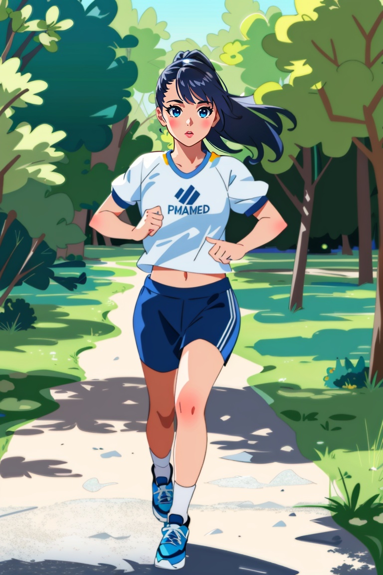 ((HRD, HUD, 8K)),((masterpiece, best quality)), highly detailed, soft light,1 girl, nature, running, white sportswear,