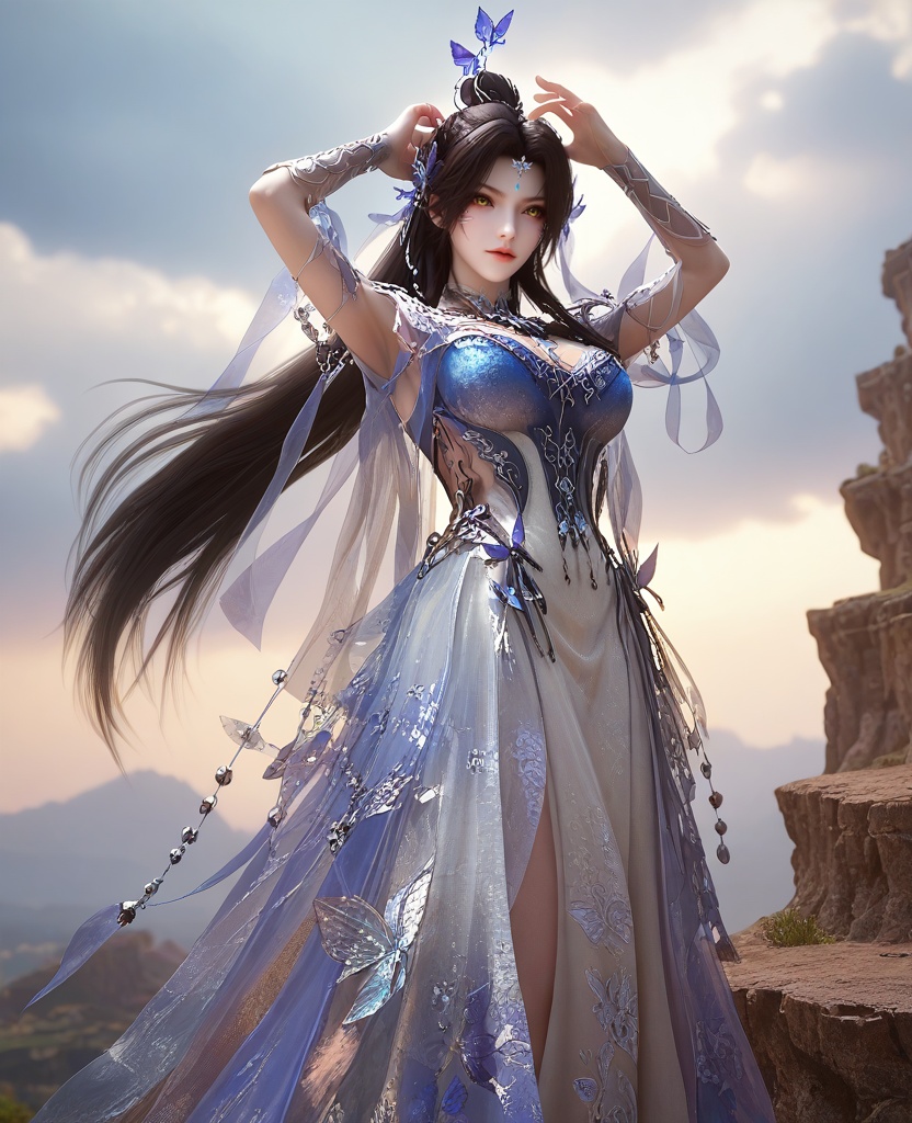 (Standing on the edge of a cliff, arms raised, feeling free and alive,:1.1),(large breasts:1.2),<lora:XL16云深不知梦羲和四象归一:0.95>,miss xihe,blue-violet to white ombre gown,yellow eyes,forehead pendan,black hair,traditional chinese updo with long front strands,absurdly long hair,hair ornament,jewelry,elbow gloves,butterfly embellishments,crystal gown hemline,, score_9,score_8_up,score_7_up,score_6_up,score_5_up,score_4_up,3d rendering,tag1,tag2, Cinematic Lighting,backlighting,