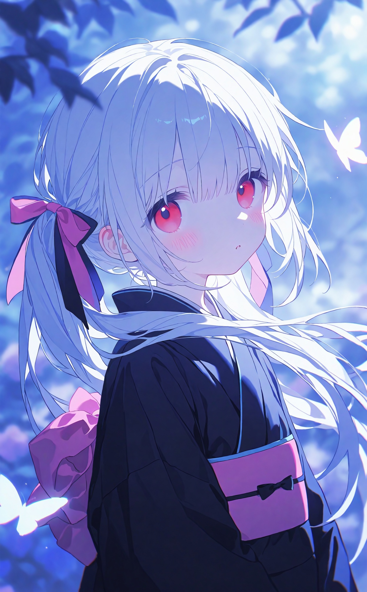 masterpiece,best quality,high quality,loli,chromatic_aberration,Blue Theme,artist:konya_karasue,//,loli,konya,1girl,solo,long hair,looking at viewer,blush,bangs,red eyes,long sleeves,bow,twintails,very long hair,upper body,white hair,hair bow,parted lips,japanese clothes,kimono,blurry,:o,black dress,black bow,floating hair,depth of field,animal,bug,pink bow,butterfly,black kimono,<lora:cyan 1024 3-000027:0.5>,