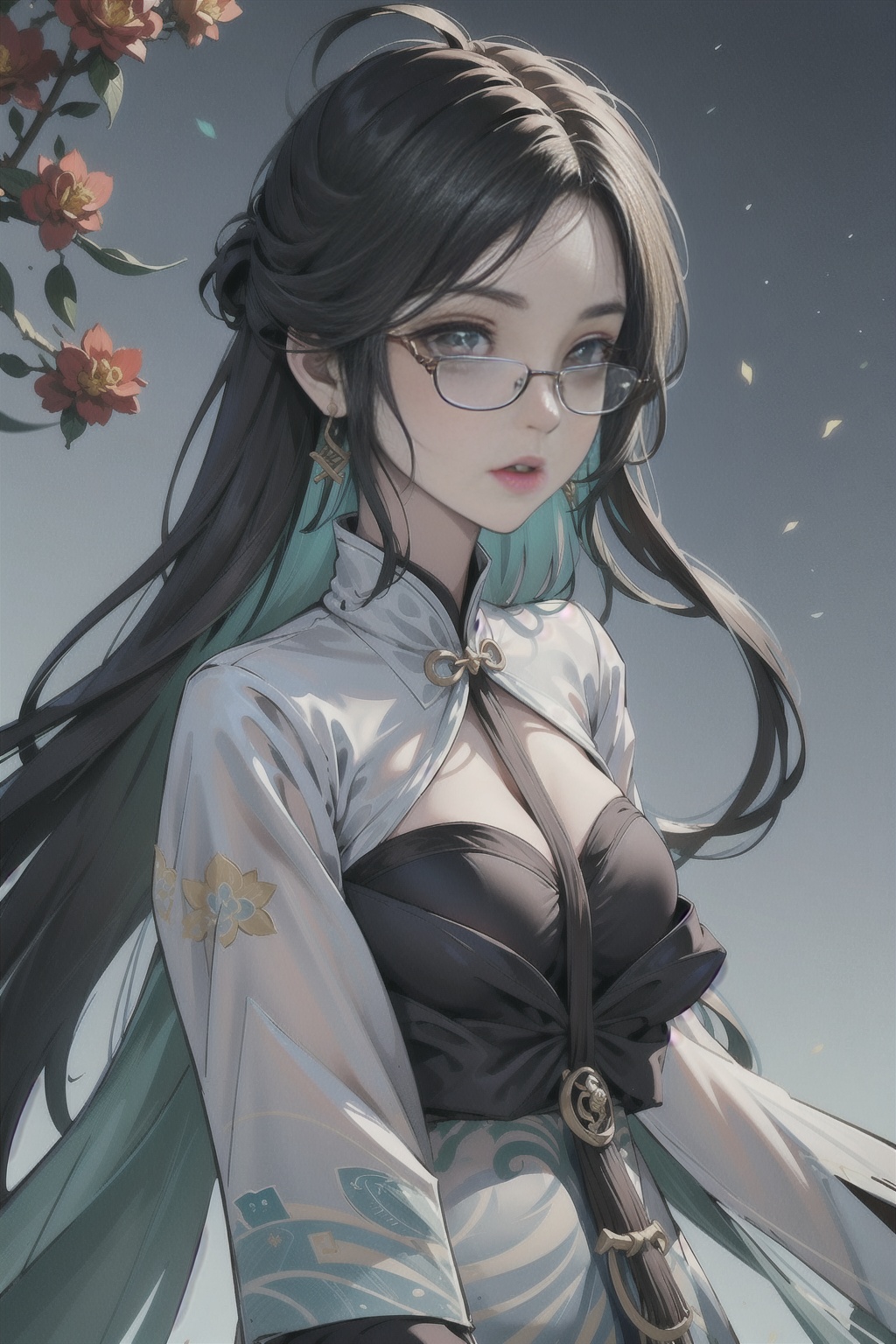 genshin_impact,Cloud Retainer,liuyunjiefeng, liuyunjiefeng_(genshin_impact),a woman with long hair and a white dress holding a cigarette in her hand and a flower in her hair, 1girl,solo, glasses, hair_over_one_eye, earrings, flower, breasts, long_hair, green_eyes, dress, solo, chinese_clothes, black-framed_eyewear, jewelry, very_long_hair, looking_at_viewer, china_dress, long_sleeves, wide_sleeves, holding,light