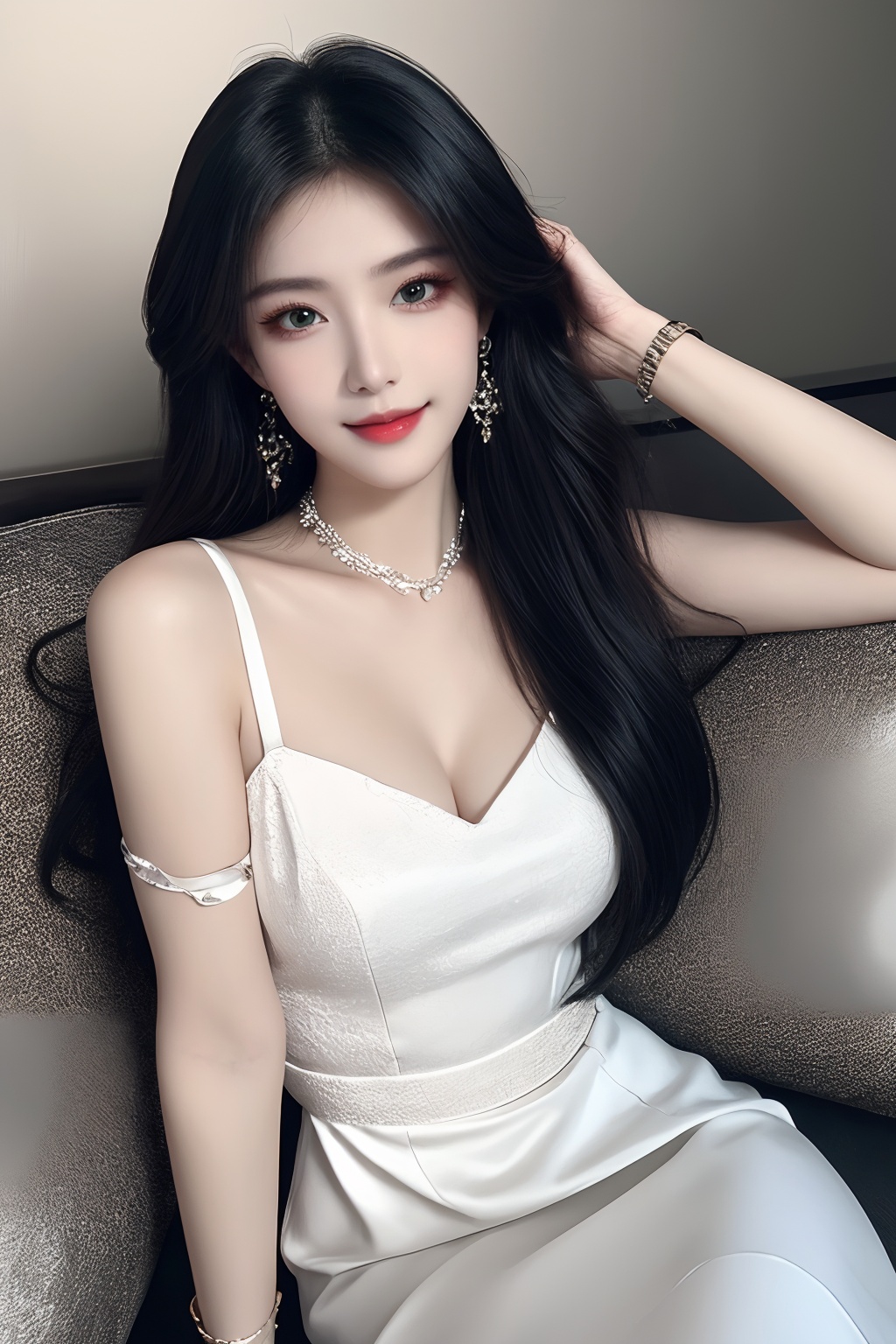 1girl, black hair, bracelet, dress, green eyes, lips, long hair, looking at viewer, pillow, realistic, sitting, smile, solo, watch, white dress, wristband, wristwatch  <lora:1.0:0.8>