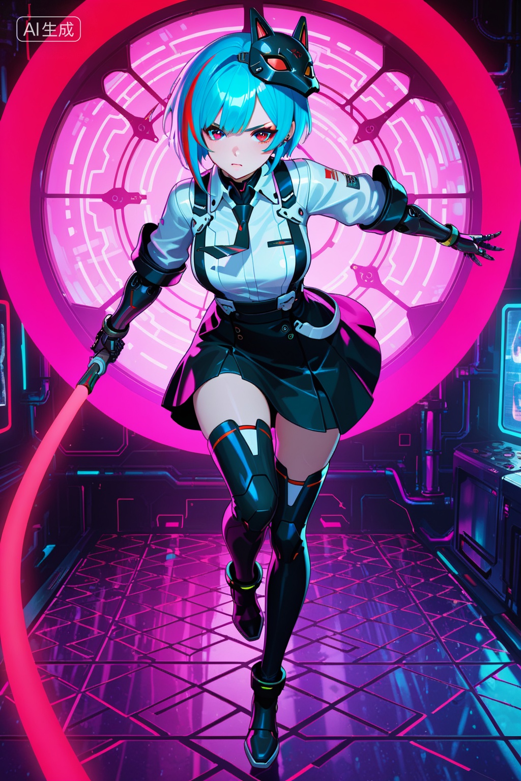 hh,anime-style digital illustration of a young woman with short,light blue hair with red and black streaks,wearing a white and black futuristic outfit with a high-collared shirt,black skirt,and thigh-high boots with mechanical details. She has a determined expression on her face,with red eyes and a small,black,cat-like mask with red eyes on the right side of her head. Her left arm is extended forward,casting a bright,pinkish-red light from her hand. She is surrounded by a high-tech,sci-fi environment with blue and purple neon lights,mechanical arms,and circuitry patterns on the floor. The background includes a large,circular window and various robotic elements. The characters pose is dynamic,with her left leg bent and her right leg extended,giving a sense of motion and action. The overall style is vibrant and detailed,with a focus on futuristic and cybernetic themes. medium shot,dynamic pose,sci-fi setting,high-tech elements,neon lights,anime style,digital illustration,detailed background,mechanical details,futuristic outfit,determined expression,extended arm,bright light,high-tech environment,vibrant colors,circuitry patterns,dynamic composition,anime character,cybernetic themes,sci-fi atmosphere,mechanical arms,futuristic window,intricate details,high quality,detailed shading,dynamic lighting,detailed textures,cyberpunk influences,character design,detailed outfit,expressive eyes,mechanical elements,high quality art,digital medium.,, Negative prompt: low quality,blurry,bad anatomy,disfigured,poorly-drawn face,abnormal body proportions,extra limbs,watermark,signature,(worst quality:1.6),(low quality:1.6),(normal quality:1.6),(watermark:1.2),(bad anatomy:1.2),(bad fingers,:1.8),(signature:1.2),error,worst quality,low quality,sketches,lowres,monochrome,grayscale,worstquality,text,logo,cropped,bad proportions,out of focus,username,bad body,long body,long neck,deformed,bad hands,mutated hands and fingers,malformed hands,poorly drawn hands,mutated hands,too many fingers,extra limb,,nsfw, Steps: 30, Sampler: Euler a, CFG scale: 7.0, Seed: 1836509549, Size: 1024x1536, Model hash: e24e9cdf73, Model: 星美XM-ILL-3DCG-V1.0_1.safetensors, Denoising strength: 0, RNG: CPU, Lora 1: ereyutyiuyo, Lora Hash 1: cfcc851c28, Lora Weight 1: 0.8, vae_name: automatic