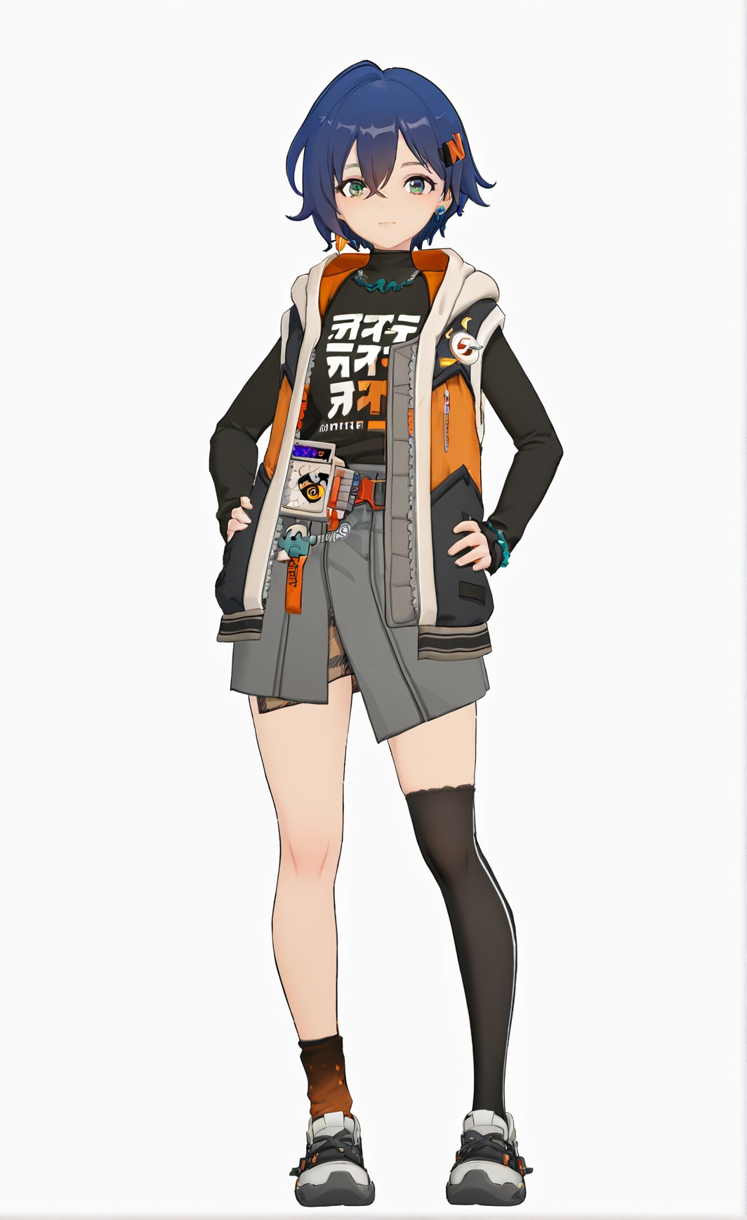 8k, best quality, masterpiece, (ultra-detailed), white background, (full body:1.2), standing, looking at viewer, (solo:1.2), hands on  hip, <lora:zzzstyle-artiwaifu-Tanger-000011:0.7>, lin, lin's def clothes, zzz style, 1girl, grey skirt, blue hair, single thighhigh, socks, short hair, asymmetrical legwear, 