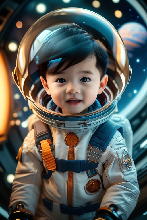 (masterpiece, top quality, best quality, official art, beautiful and aesthetic:1.2),feixing, 1boy,3 year's old,chibi face,super cute, orange astronaut, spacesuit, male focus, solo, space, planet, black hair, gloves, earth \(planet\),eflection, blurry, teeth, open mouth,space helmet