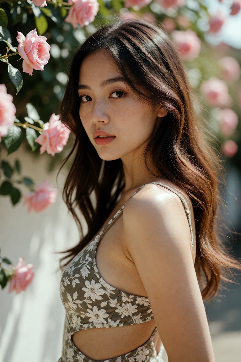A young East Asian woman,  approximately 25 years old,  stands in profile facing slightly toward the viewer on Tensor.Art