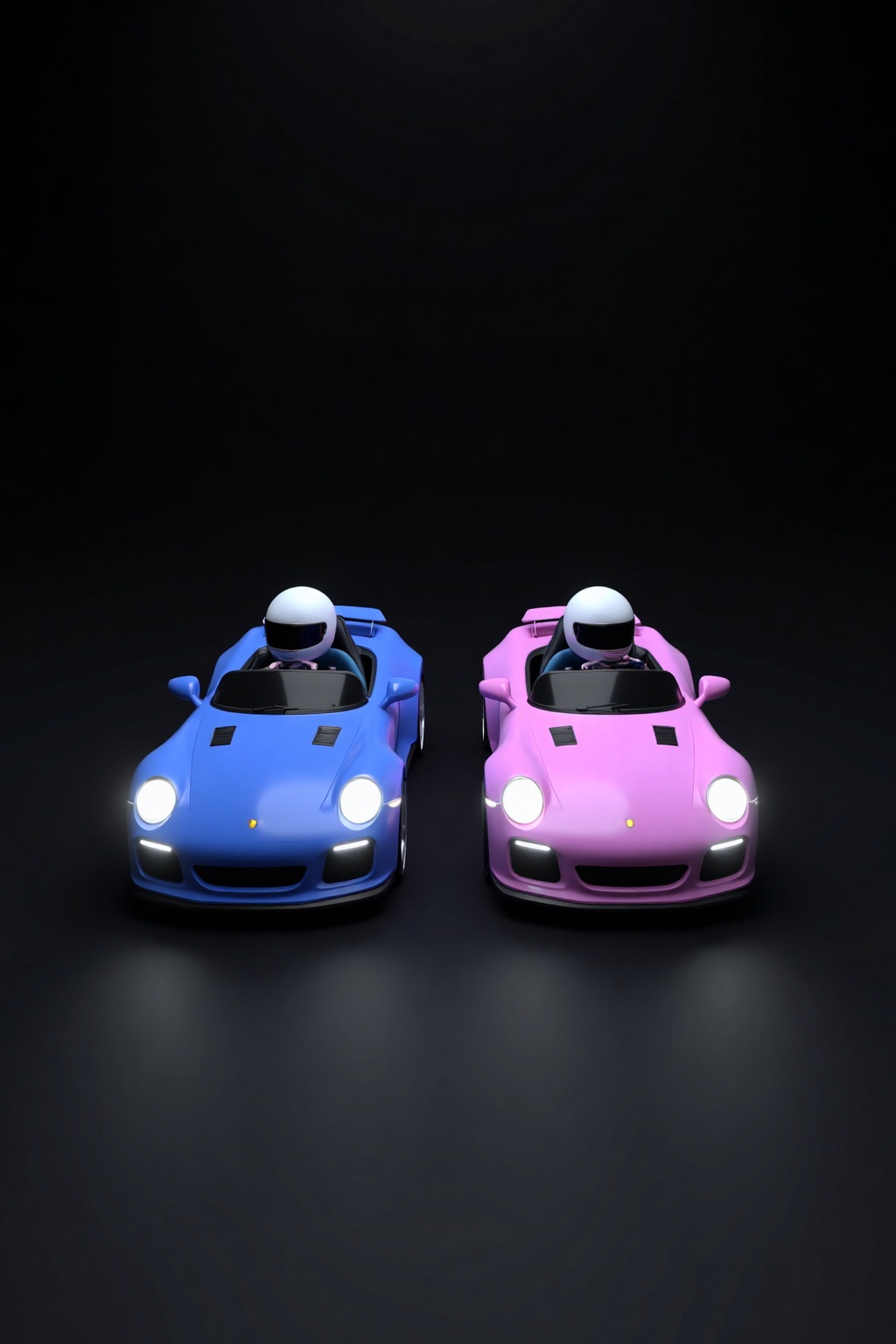 beijihui,Captured at eye-level on a black surface, two bright colored cars are positioned side by side. The car on the left is a royal blue, while the one on the right is a bright pink. Both cars have white helmets on their heads. The background is completely black, creating a stark contrast to the vibrant colors of the cars.