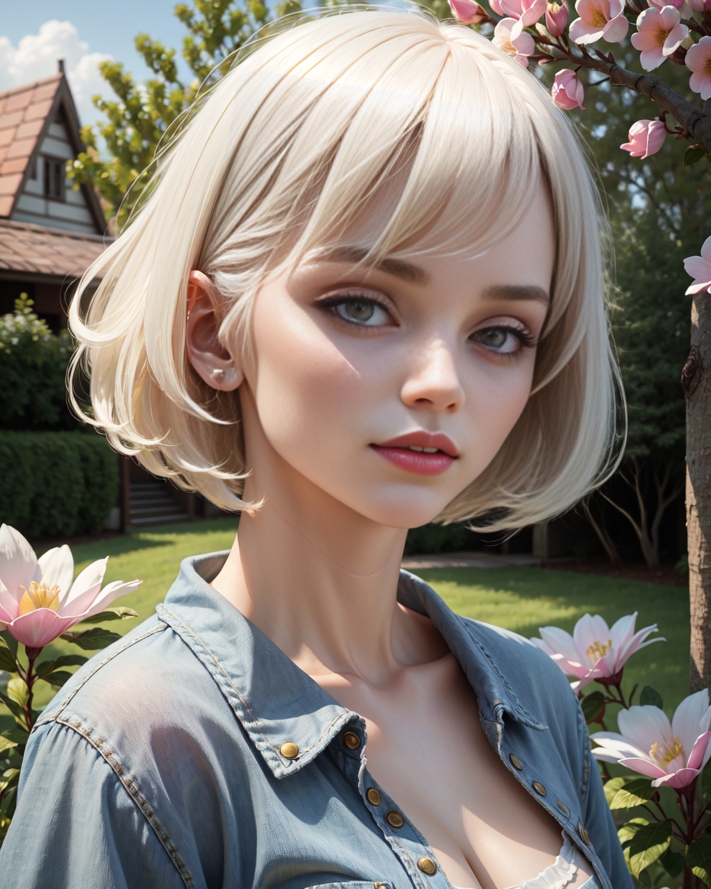 pretty 1girl, absurdres, 8k uhd, platinum blonde hair, bob cut, medium breasts, black tshirt, denim shorts, garden background, flowers, magnolias, apple tree, close up portrait