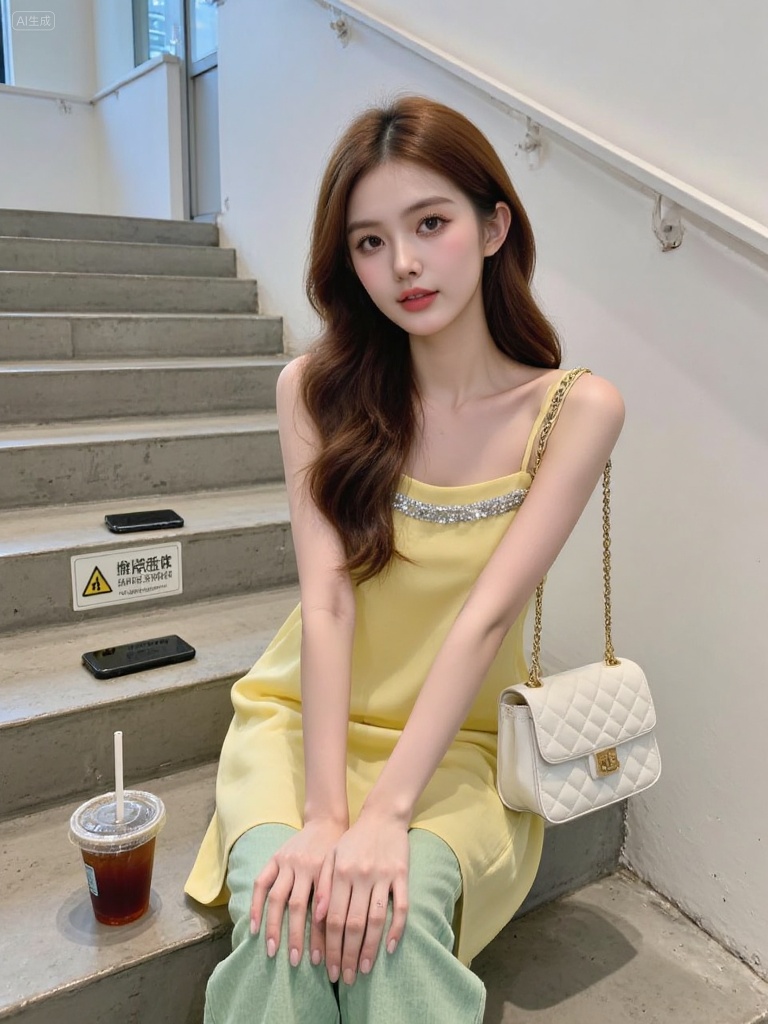 photograph of a young asian woman with fair skin and long brown hair, sitting on concrete stairs in an indoor setting, she wears a light yellow spaghetti-strap dress with silver embellishments, paired with light green pants, she has a small white quilted handbag with a gold chain strap on her right shoulder, her expression is neutral, with a slight gaze to the left, on the stairs to her left, theres a disposable cup with a straw filled with a dark beverage and a black smartphone, a white sign with chinese characters and a yellow triangle warning symbol is on the stairs behind her, the background features a white wall and a staircase railing, Steps: 28, Sampler: Euler, CFG scale: 4.0, Seed: 3069464583, Size: 768x1024, Model hash: 0734f0ab2ac6ee5eb9b9dd78fe8bae3a6ef8278135a482073ae31c17ea238747, Model: flux1-dev.sft, Denoising strength: 0, RNG: CPU, Lora 1: 20.safetensors, Lora Hash 1: 7622b1b523f93ebdd915a0d56777a54b18a61a8a2971b053e8459775a39910e2, Lora Weight 1: 0.8, vae_name: automatic