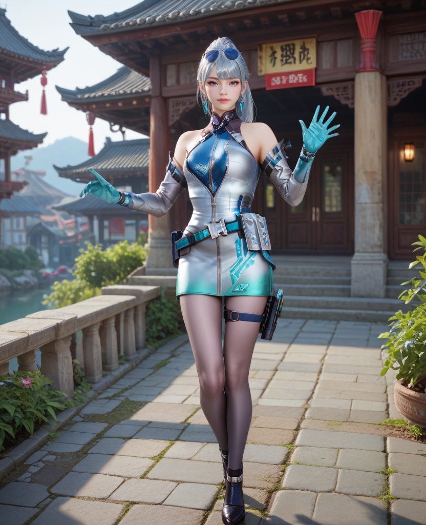 (oriental architecture, elegant decor, sophisticated style:1.1),(waving a wand,casting a spell:1.1),(breasts:1.2),<lora:XL16穿越火线王者雾蒙蒙保卫者:0.95>,miss wumengmeng,short silver dress,blue corset,silver hair,ponytail,long hair,sunglasses,earrings,elbow gloves,belt,holstered,pantyhose,black heels,, score_9,score_8_up,score_7_up,score_6_up,score_5_up,score_4_up,3d rendering,tag1,tag2, Cinematic Lighting,backlighting,, zPDXL3, zPDXL2,zPDXL, zPDXLxxx, zPDXLrl,