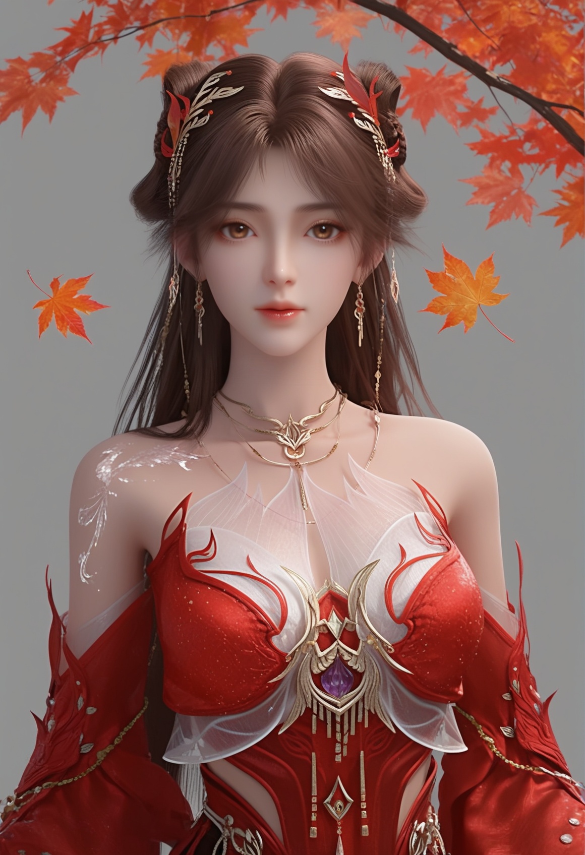 (score_9),<lora:火灵儿天神-apony-000009:0.83>,huolinger,1girl,solo,long hair,brown hair,brown eyes,jewelry,hair ornament,necklace,red dress,earrings,detached sleeves,clothing cutout,gold accents,front view,looking at viewer,BREAK<lora:Expressive_H-000001:0.8>,collarbone,(glamor:1.2),(mature_female),large breasts,pointy breasts,puffy breasts,<lora:e肤色滑块:0.5>,fair_skin,(white_skin),(Ivory_skin),BREAK<lora:SDS-XL泛光调节器_v1.0:1.2>,simple background,grey background,in autumn,grove,(maple_tree),(maple_leaf),leaf,autumn leaves,falling leaves,branch,twig,