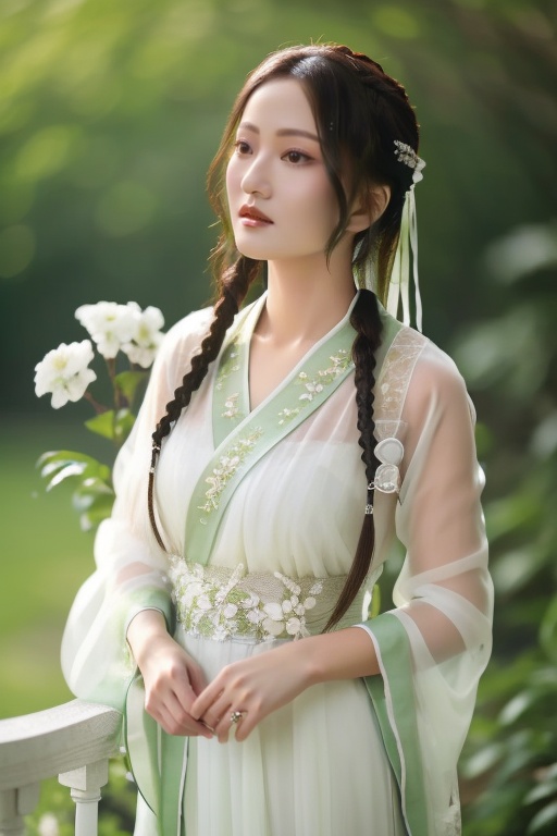 (masterpiece, top quality, best quality, official art, beautiful and aesthetic:1.2),,A figure draped in a flowing,traditional Chinese hanfu stands amidst a serene,verdant landscape. The garment is a symphony of white and green,with embroidered floral patterns and sheer fabric that cascades to the ground in gentle folds. A delicate ribbon sash cinches the waist,while long,green sleeves flutter in the unseen breeze. Her hair,styled in loose braids,is accented with white flowers,echoing the natural surroundings. The ensemble exudes an air of historical elegance and harmony with nature.,<lora:zhangshaohan:1>