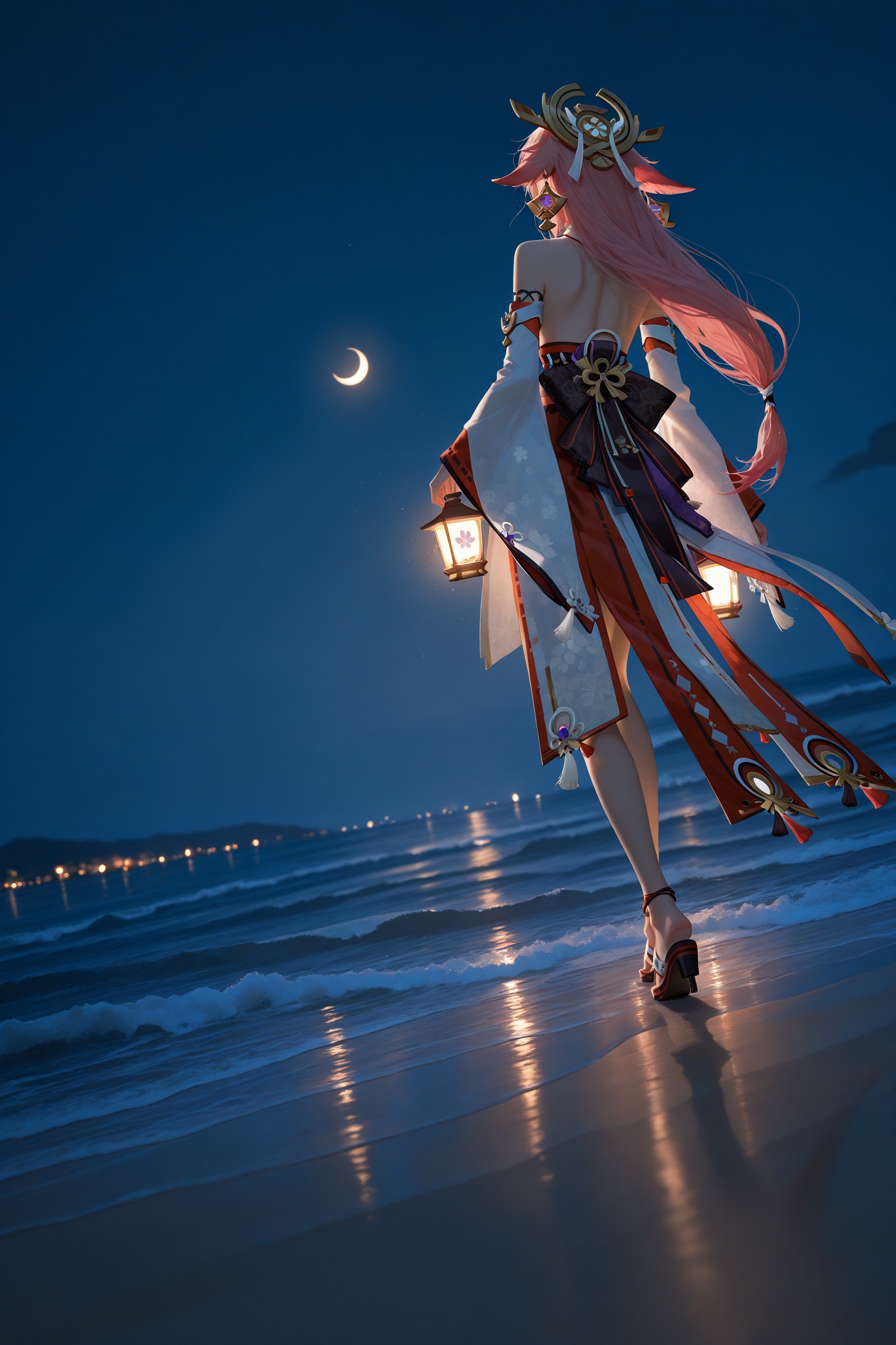 masterpiece,best quality,amazing quality,very aesthetic,absurdres,newest,extreme aesthetic,in the style of fashion photography,light particles,cinematic lighting,Visual impact,sharp focus,Emotionalization,depth of field,dutch angle,scenery,night,realistic,dim light,dark,yae miko,scenery,from behind,lantern,beach,waves,walking,crescent,