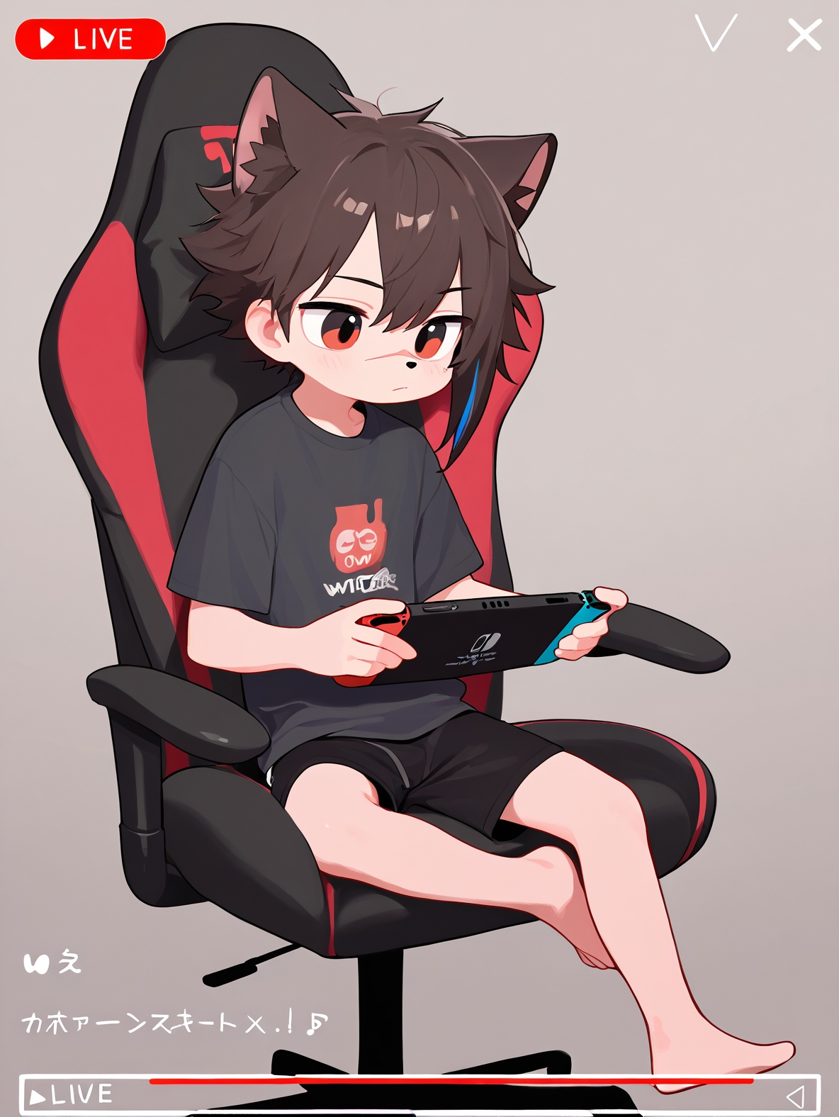 Glitch,[[deformed]], solo,male_focus, (black_shorts,barefoot), BREAK, from_side, boy sitting on gaming chair, (fake livestream screenshot, livestream, livestream chat interface), spreading legs, (holding nintendo switch), owo, (masterpiece, best_quality,highres,absurdres),scar on nose,Right mid length drooping frontal hair,(Asymmetric hair on the temples:1.2),Expose left shoulder,AKIRA,body fur,furry