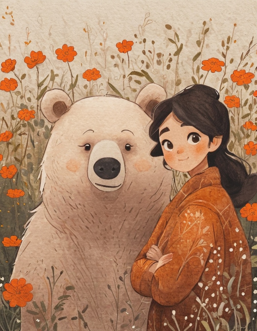 nelli_artstyle,  ,  A girl and a white bear are standing in a field of flowers on Tensor.Art
