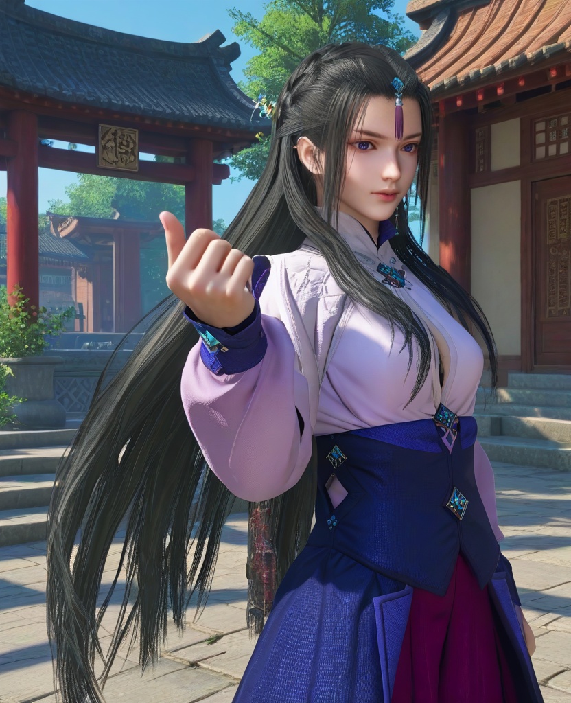 (oriental architecture, elegant decor, sophisticated style:1.1),(Fist Pump, One fist raised triumphantly in the air,:1.1),(breasts:1.2),<lora:XL16古剑奇谭三云无月:0.95>,miss yunwuyue,pinkish white tunic,blue peplum overskirt,red violet petticoat,blue violet eyes,forehead pendan,black hair,very long hair,cornrows with long front strands,hair ornament,single earring,wristband,, score_9,score_8_up,score_7_up,score_6_up,score_5_up,score_4_up,3d rendering,tag1,tag2, Cinematic Lighting,backlighting,