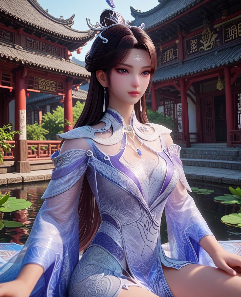 (oriental architecture, elegant decor, sophisticated style:1.1),(lotus position:1.1),(breasts:1.2),<lora:XL宗门卧底沧月公主:0.95>,miss cangyue,blue white dress,double sleeve,lace bra,blue eyes,white foil under the left eye,eyeshadow,forehead mark,hair ornament,hair bun,long hair,earrings,pelvic curtain,, score_9,score_8_up,score_7_up,score_6_up,score_5_up,score_4_up,3d rendering,tag1,tag2, Cinematic Lighting,backlighting,